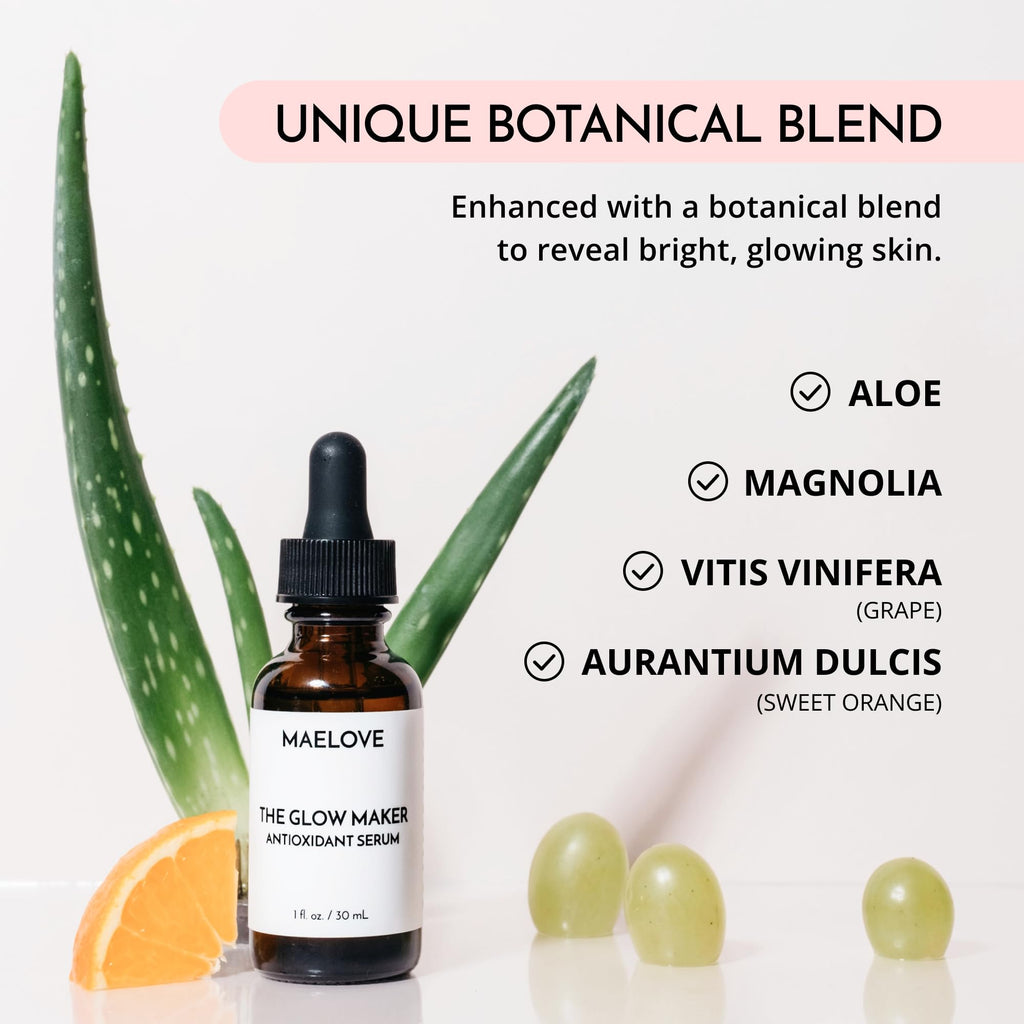 MAELOVE Glow Maker Vitamin C Serum with Vitamin E & Ferulic Acid, 1 fl oz | Gold standard formula of Vitamin C E, Ferulic Acid & Hyaluronic Acid, Award-Winning Brightening and Hydrating Facial Serum