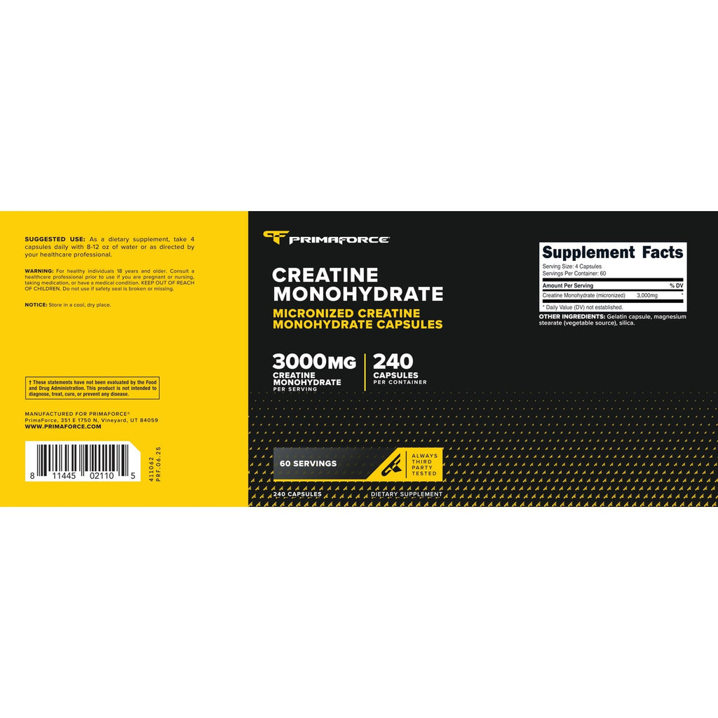 Primaforce Creatine Monohydrate Capsules (3,000mg) 240 Capsules | Gluten Free and GMO-Free