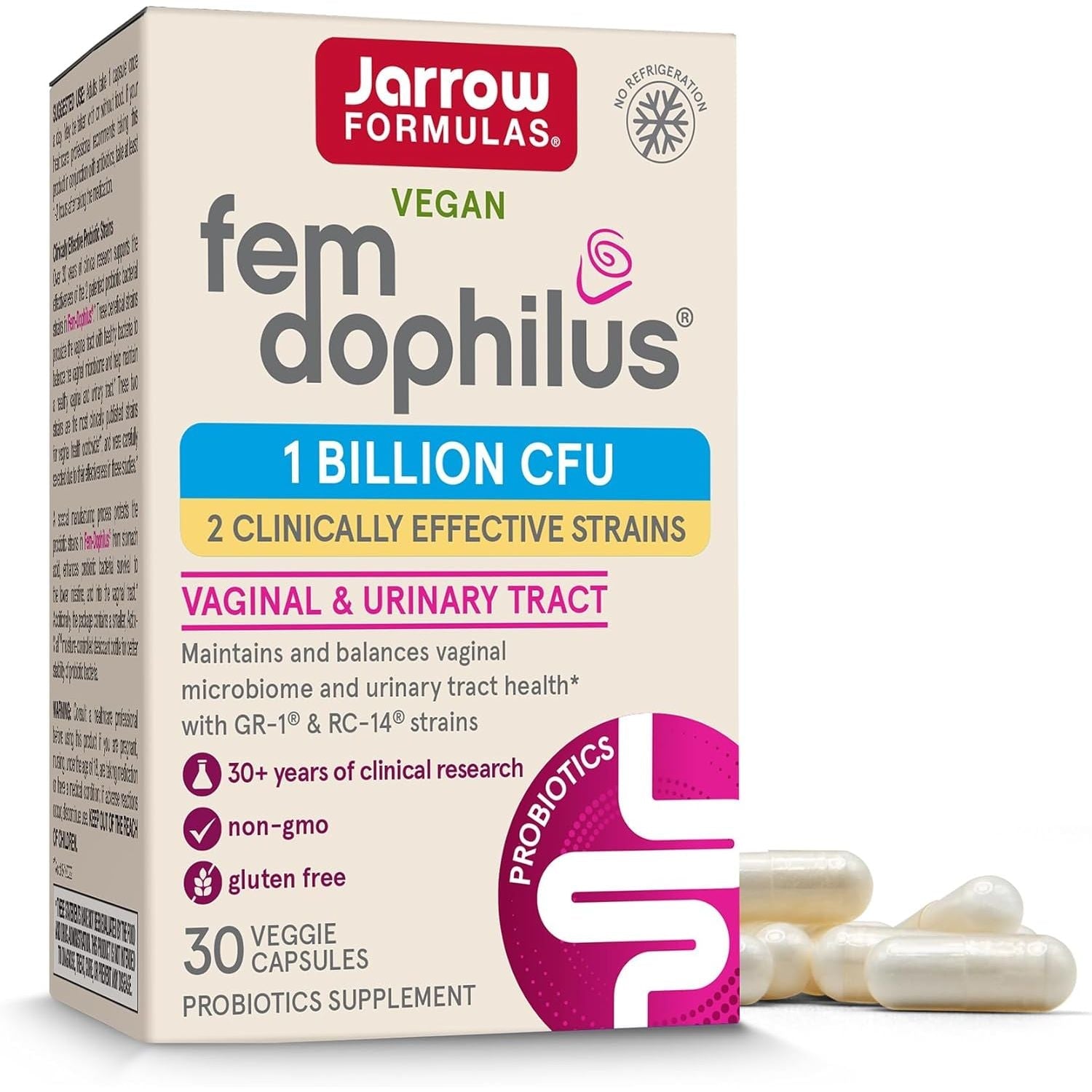 Buy now Jarrow Formulas Fem-Dophilus - 1 Billion Organisms Per Serving - 60 Veggie Capsules - Womenâ€™s Probiotic - Urinary Tract Health - Up to 60 Servings 30 Count (Pack of 1) Unflavored at indiglob india