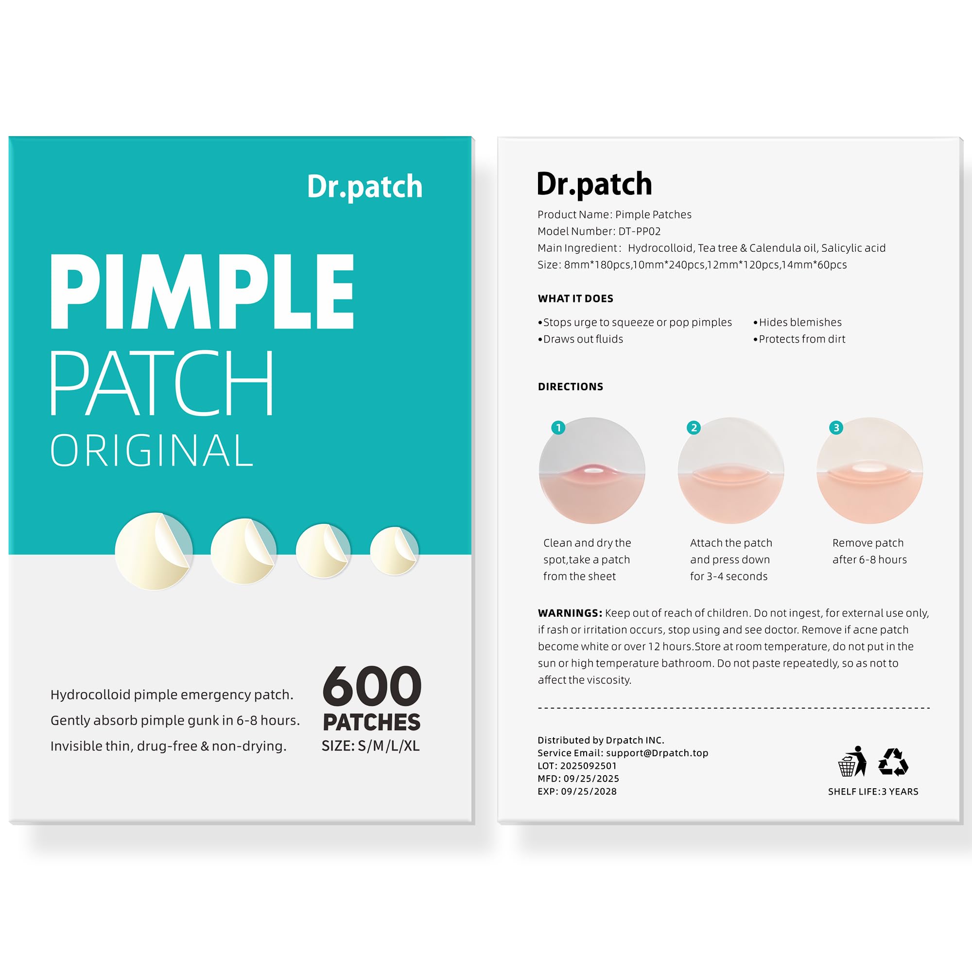 Pimple Patches for Face - 4 Size 600 Counts Acne Patches, Hydrocolloid Patches for Covering Zits and Blemishes, Spot Stickers with Salicylic Acid, Tea Tree Oil & Calendula Oil