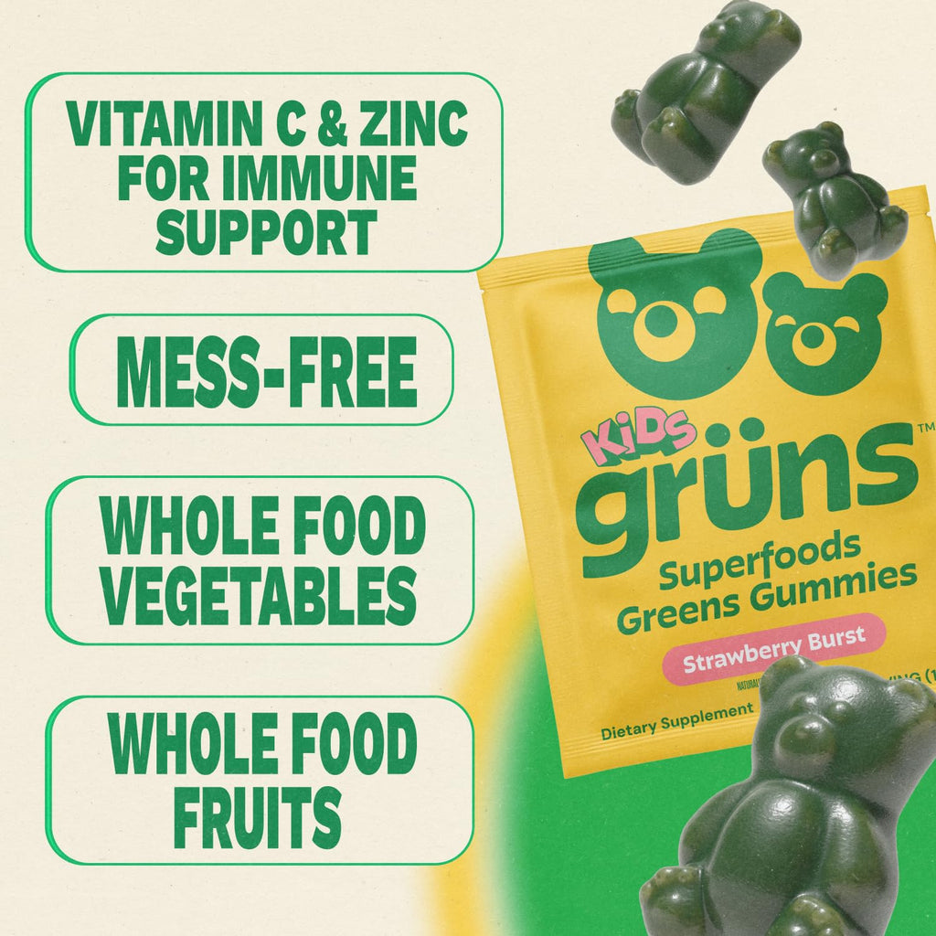 Gruns Kids Multivitamin Kids Greens Gummies, 28 ct | Daily Supplement with Vitamins, Minerals, Adaptogens, and Prebiotic Fiber