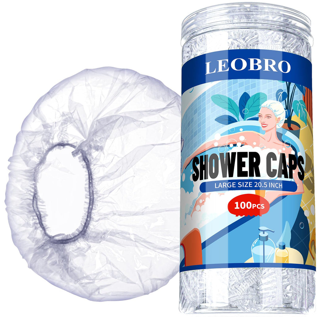 LEOBRO 100PCS Disposable Shower Caps, Shower Caps for Women Disposable, Clear Plastic Shower Cap, Plastic Hair Caps for Hair Treatment, Regular Size 17.3 INCH