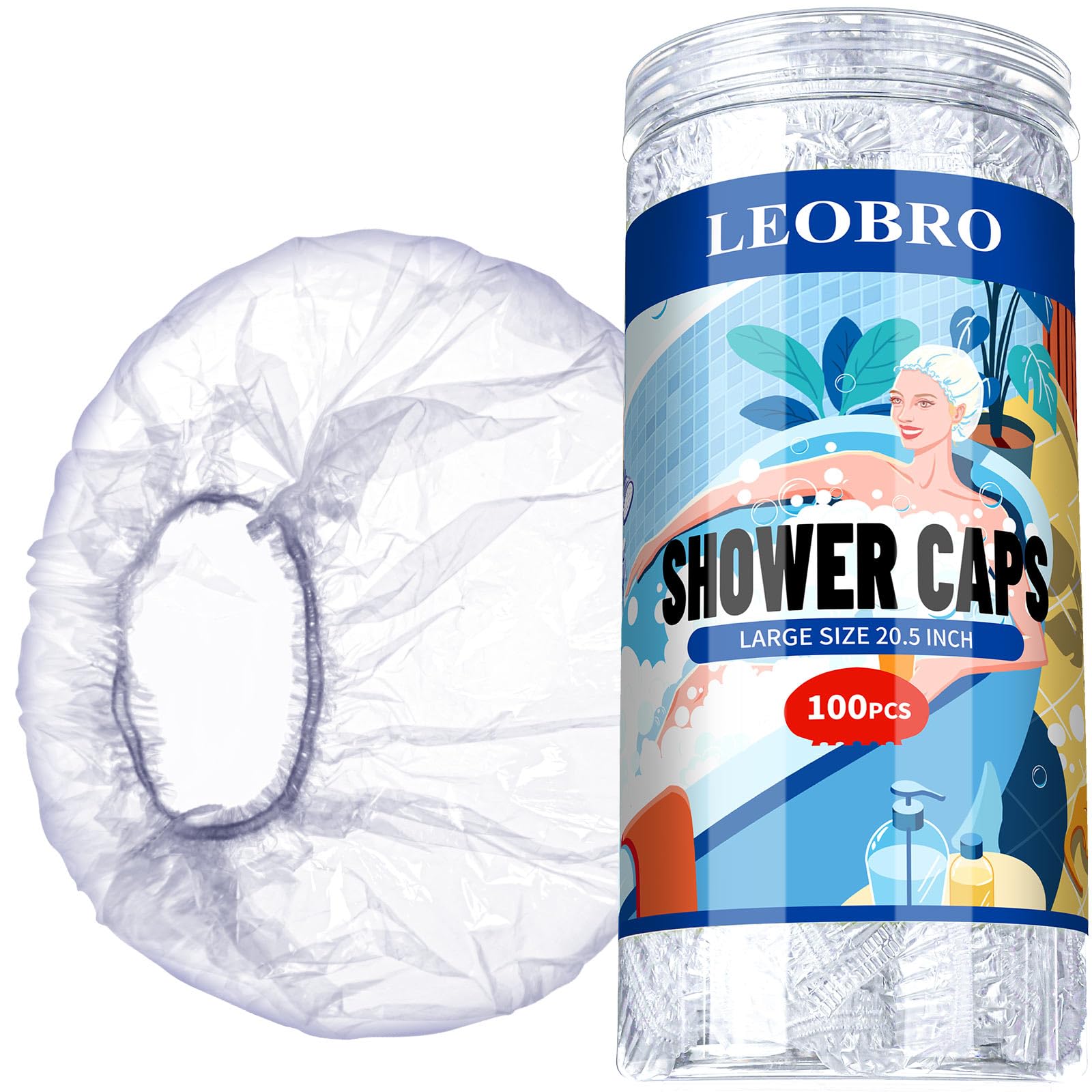 LEOBRO 100PCS Disposable Shower Caps, Shower Caps for Women Disposable, Clear Plastic Shower Cap, Plastic Hair Caps for Hair Treatment, Regular Size 17.3 INCH