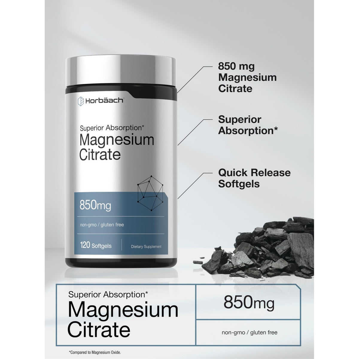 Horbäach Magnesium Citrate | 850mg | 120 Softgels | Superior Absorption