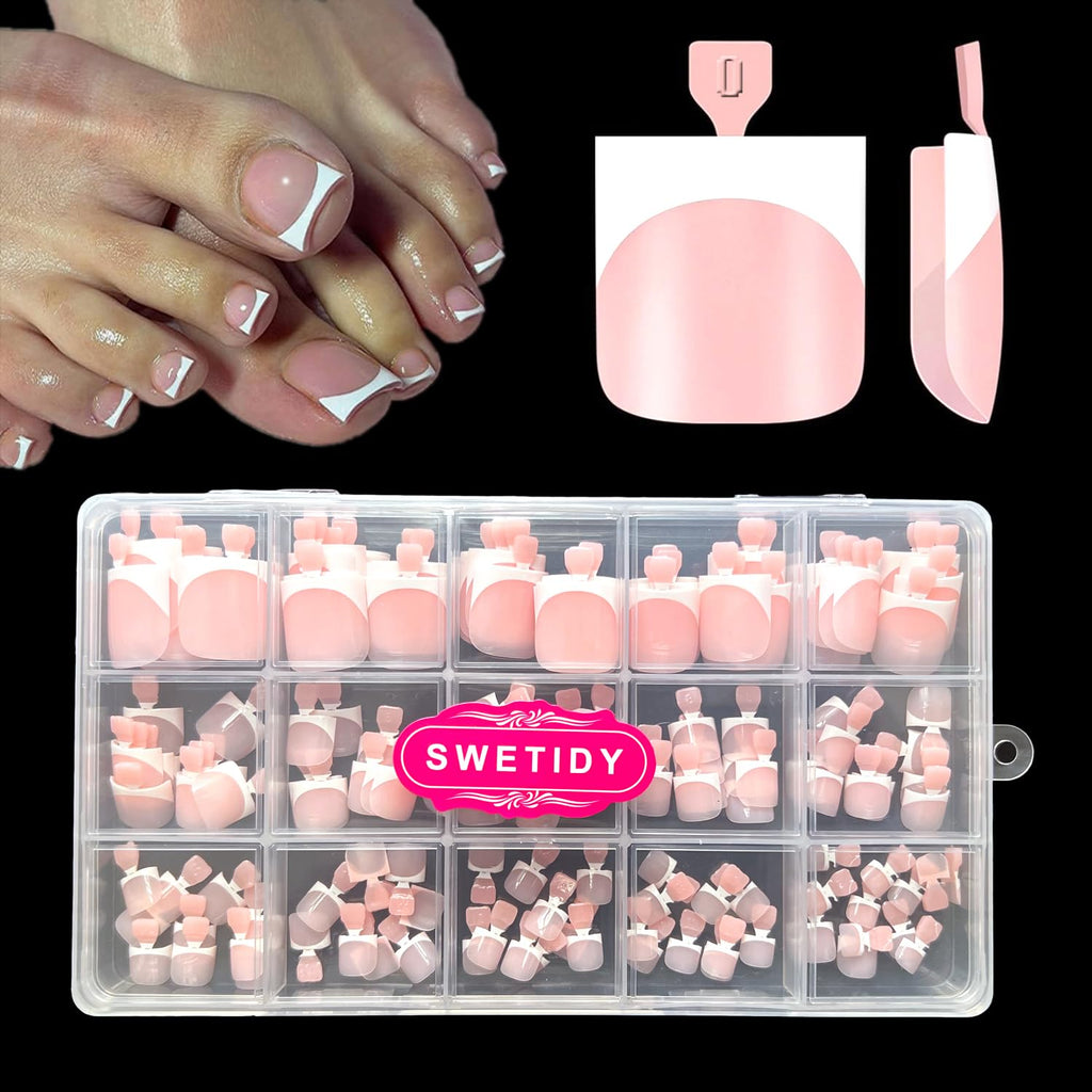 Toe Nail Press Ons, French Square Toe Tips, Press On Nails for Women | 150pcs Pre-Designed Soft Gel Thick False Toenail Extension, Berry Pink Full Cover Acrylic for DIY 15 Sizes