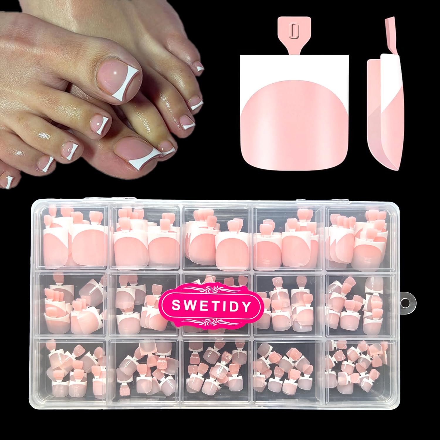 Toe Nail Press Ons, French Square Toe Tips, Press On Nails for Women | 150pcs Pre-Designed Soft Gel Thick False Toenail Extension, Berry Pink Full Cover Acrylic for DIY 15 Sizes