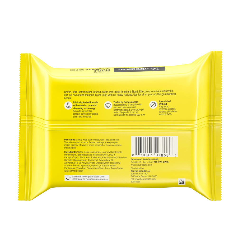 Neutrogena Gentle Facial Cleansing Wipes, Fragrance Free, 25 ct | Ultra-Soft Micellar Cleansing Wipes for Effortless Cleansing Made Gentle, Fragrance Free Face Wipes for Sensitive Skin