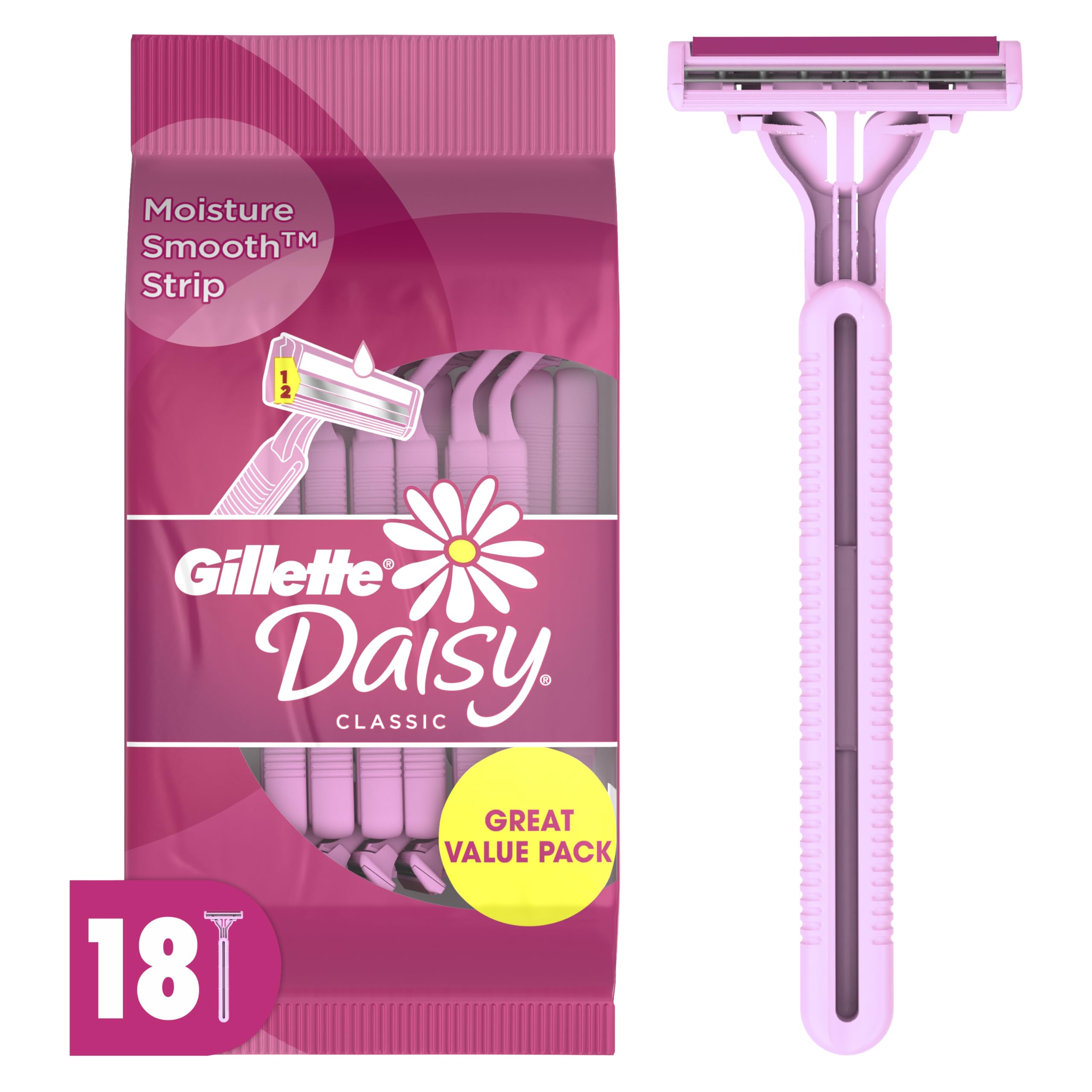 Gillette Venus Daisy Classic Disposable Razors for Women, 18 Count, Hair Removal for Women