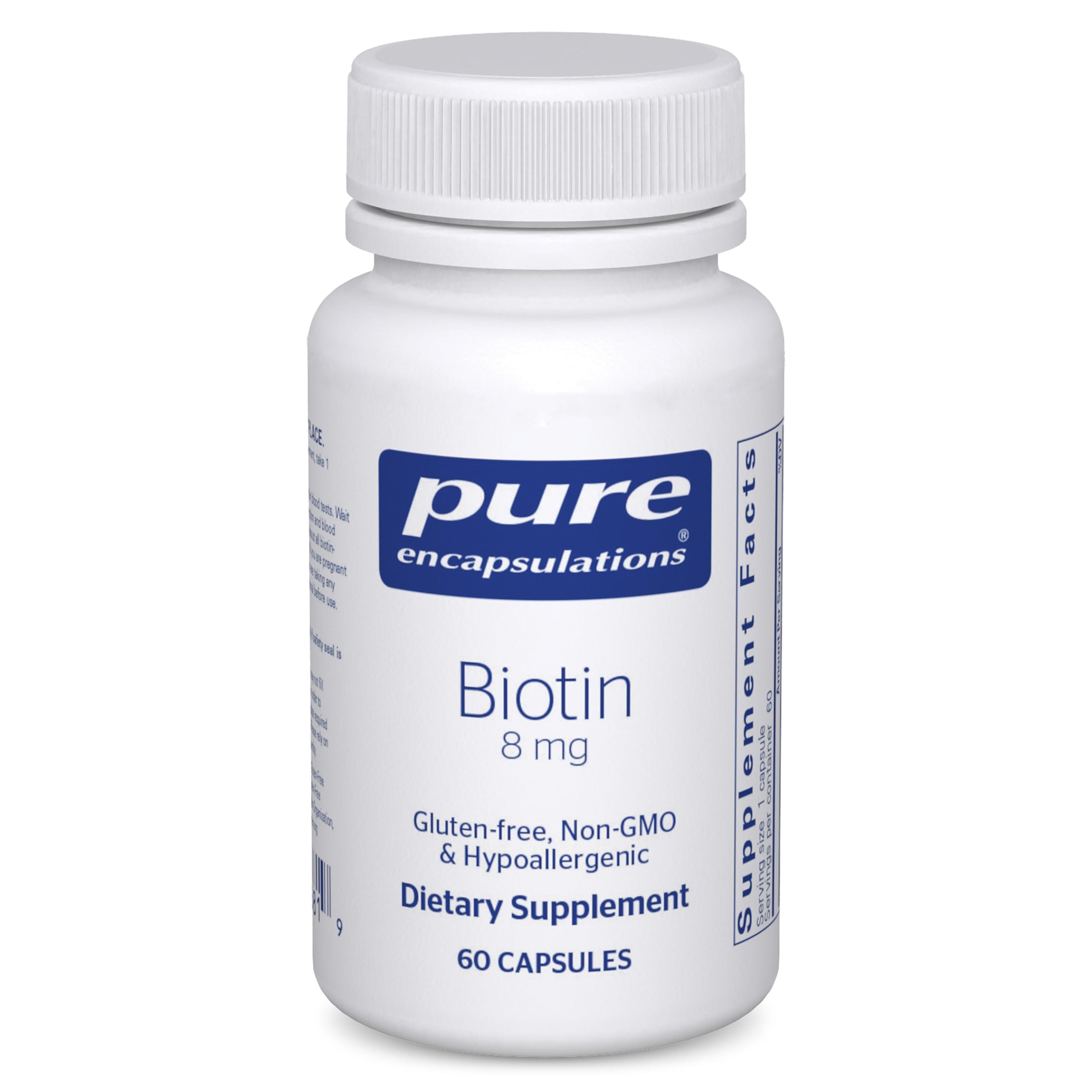 Pure Encapsulations Biotin 8 mg, 60 Counts | B Vitamin Supplement for Stress Relief, Hair, Skin, and Nail Strengthening, Metabolism, Carbohydrate Support*