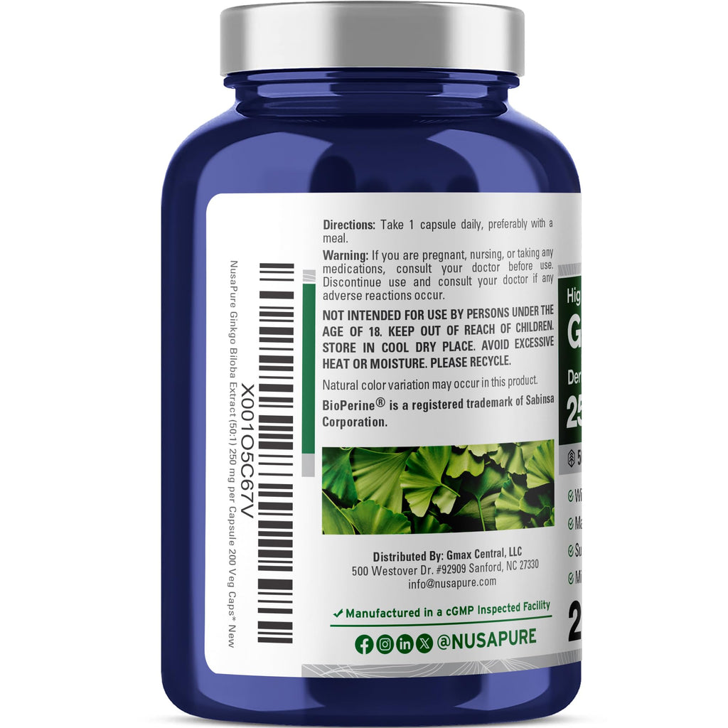 NusaPure Ginkgo Biloba, Vegan, 250mg, 200 Veggie Capsules - 200 Servings