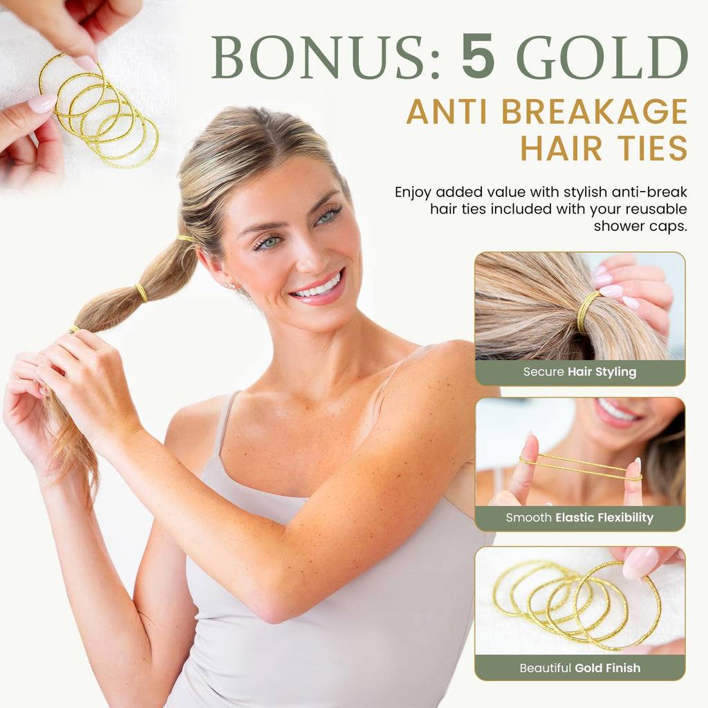 Shower Caps for Women Reusable Waterproof, 2 PCS Shower Caps + 5 Hair Ties
