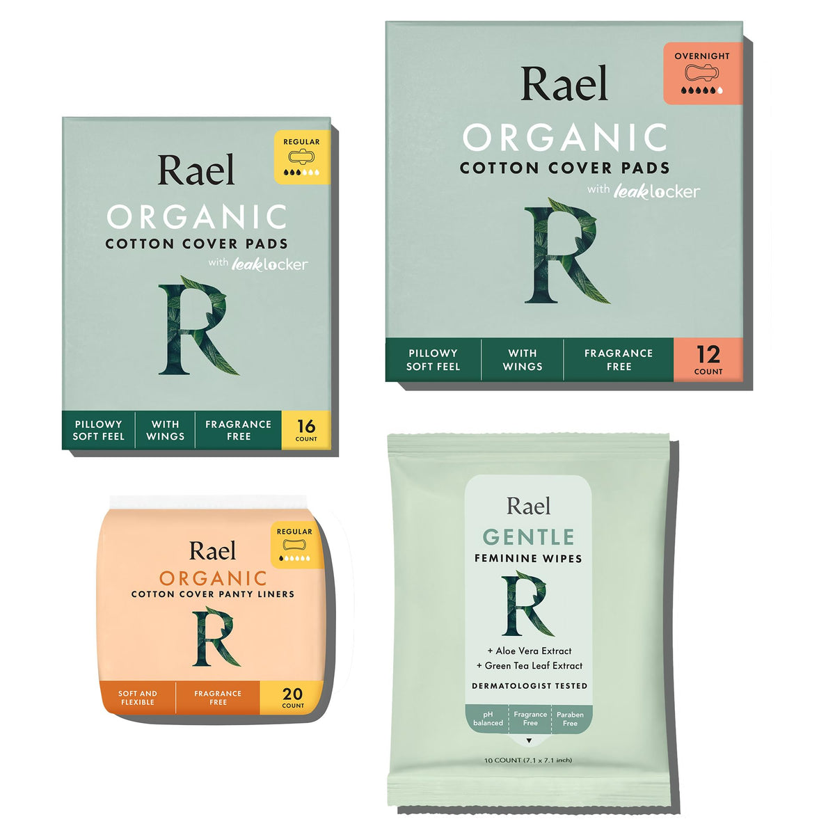 Rael Period Essential Bundle - Regular & Overnight Pads, Liners, Fem Wipes