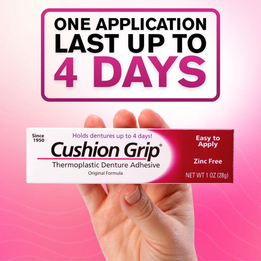 Cushion Grip Thermoplastic Denture Adhesive, 0.35 oz Travel Size (Pack of 2) – Refits and Tightens Loose Dentures for Up to 4 Days | Glue-Free, Zinc-Free, Waterproof, Acts Like a Soft Denture Reliner