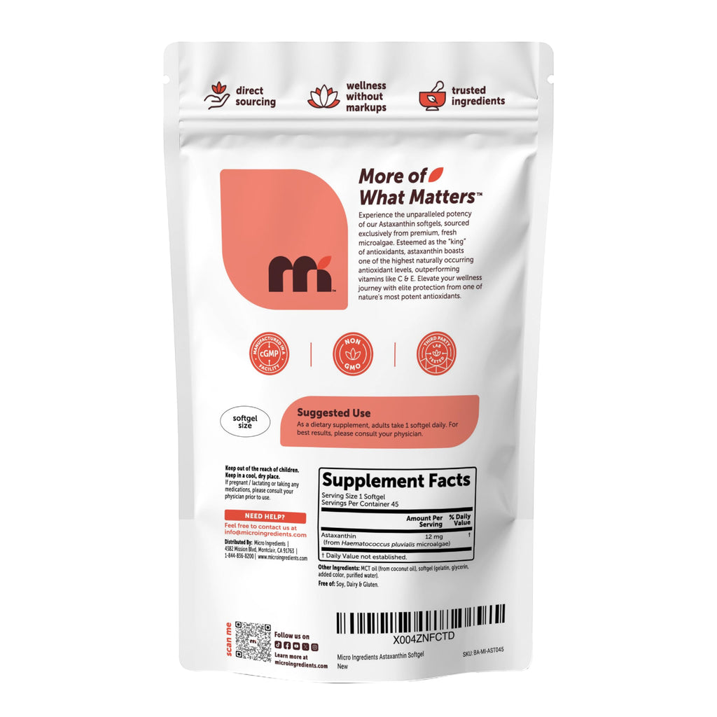 Micro Ingredients Astaxanthin 12mg Per Serving with MCT Oil, 45 Softgels | Natural Microalgae Sourced Astaxanthin Supplement. Easy-to-Swallow Softgels. Non-GMO, Gluten Free, Soy Free.