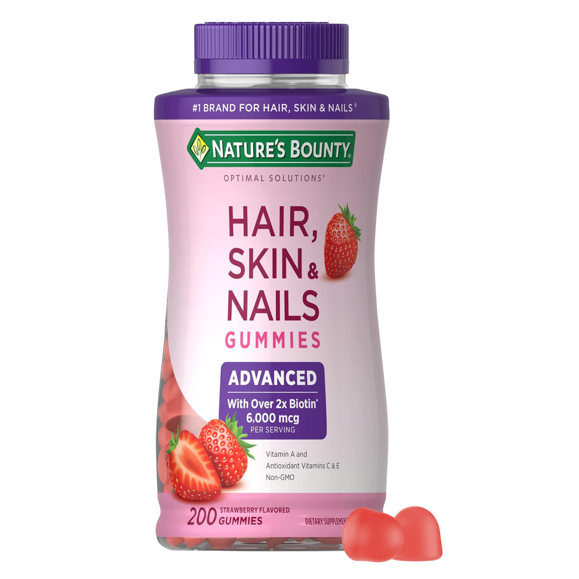 Nature's Bounty Optimal Solutions Advanced Hair, Skin, Nails, 2X Biotin | 80 Strawberry Gummies, 40 Total Servings
