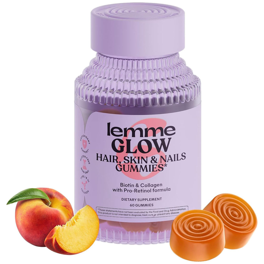 Lemme Glow Collagen Gummies for Strong Nails & Healthy Skin, 30-Day Supply | Strong hair & nails, Healthy Skin, Peptides, Biotin, Trace Minerals, Zinc, Vitamins A, C & E, Dairy & Gluten Free