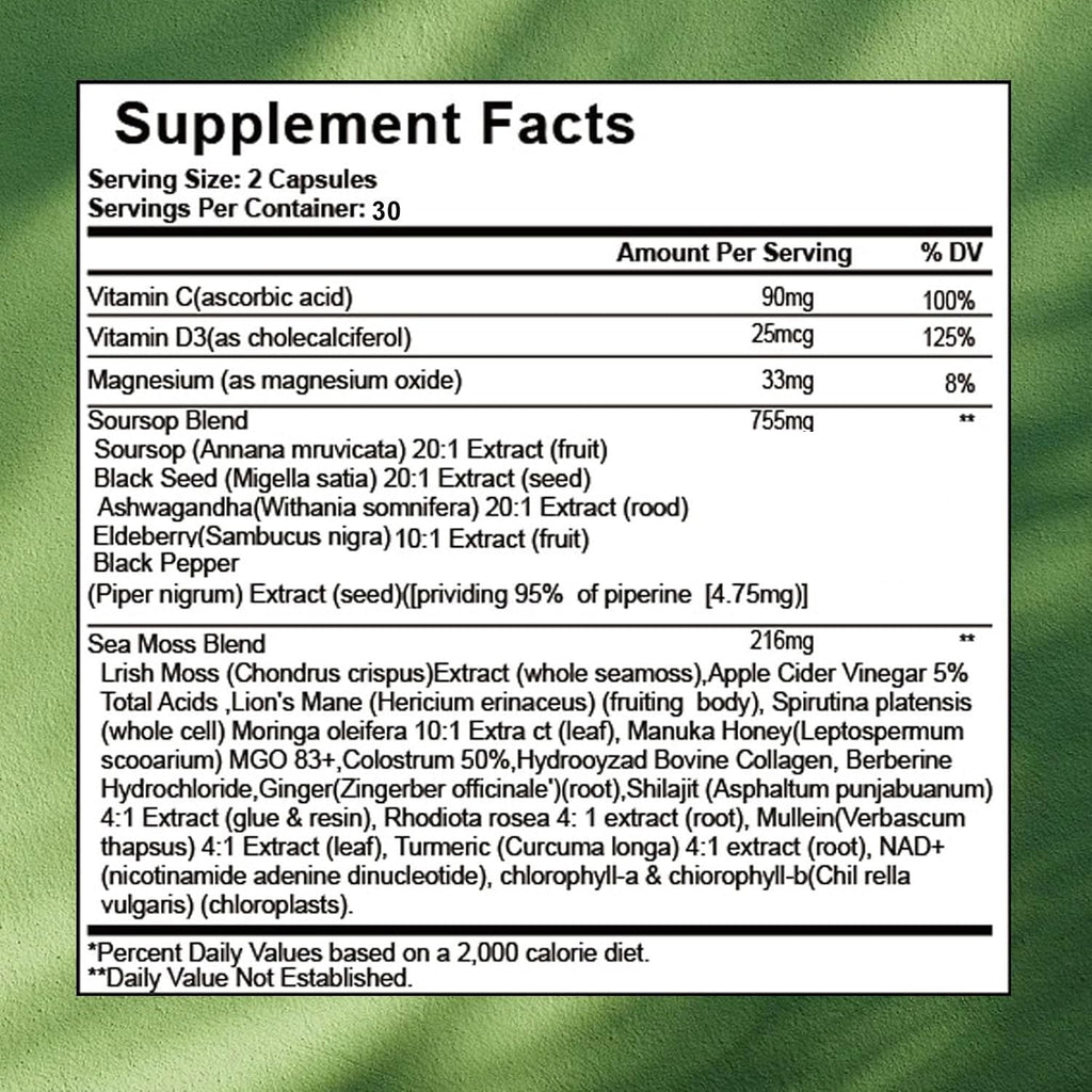 24-in-1 Soursop Capsules with Shilajit, Sea Moss, Lions Mane, Ashwagandha, Elderberry, Vitamin C, D3 & Magnesium | 20:1 Extracts | Daily Wellness Support for Adults | Non-GMO