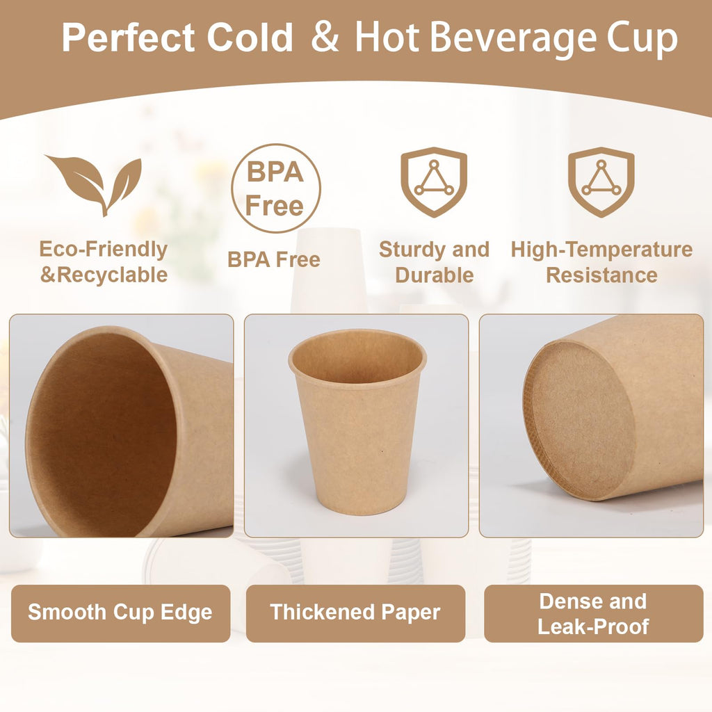Disposable Cups, 100 Pack 8 Oz Kraft Paper Cups, Paper Coffee Cups, Disposable Cups 8 oz for Hot or Cold Beverage