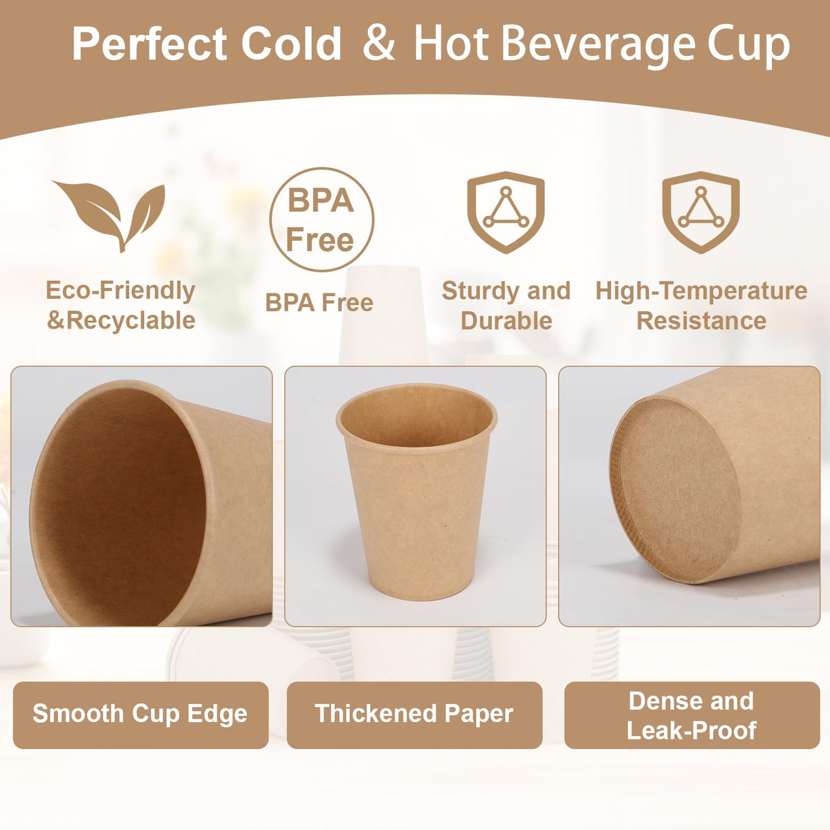 Disposable Cups, 100 Pack 8 Oz Kraft Paper Cups, Paper Coffee Cups, Disposable Cups 8 oz for Hot or Cold Beverage