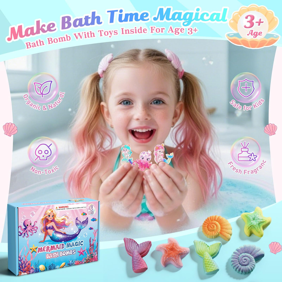 Mermaid Bath Bombs for Kids with Toys Inside, Gifts for 4-8 Year Old Girl