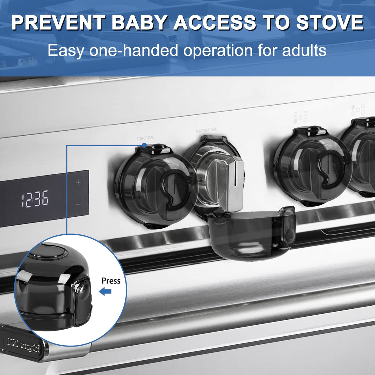 GRENFU Stove Knob Safety Covers (5 + 1 Pack), Oven Lock Child Safety, Black