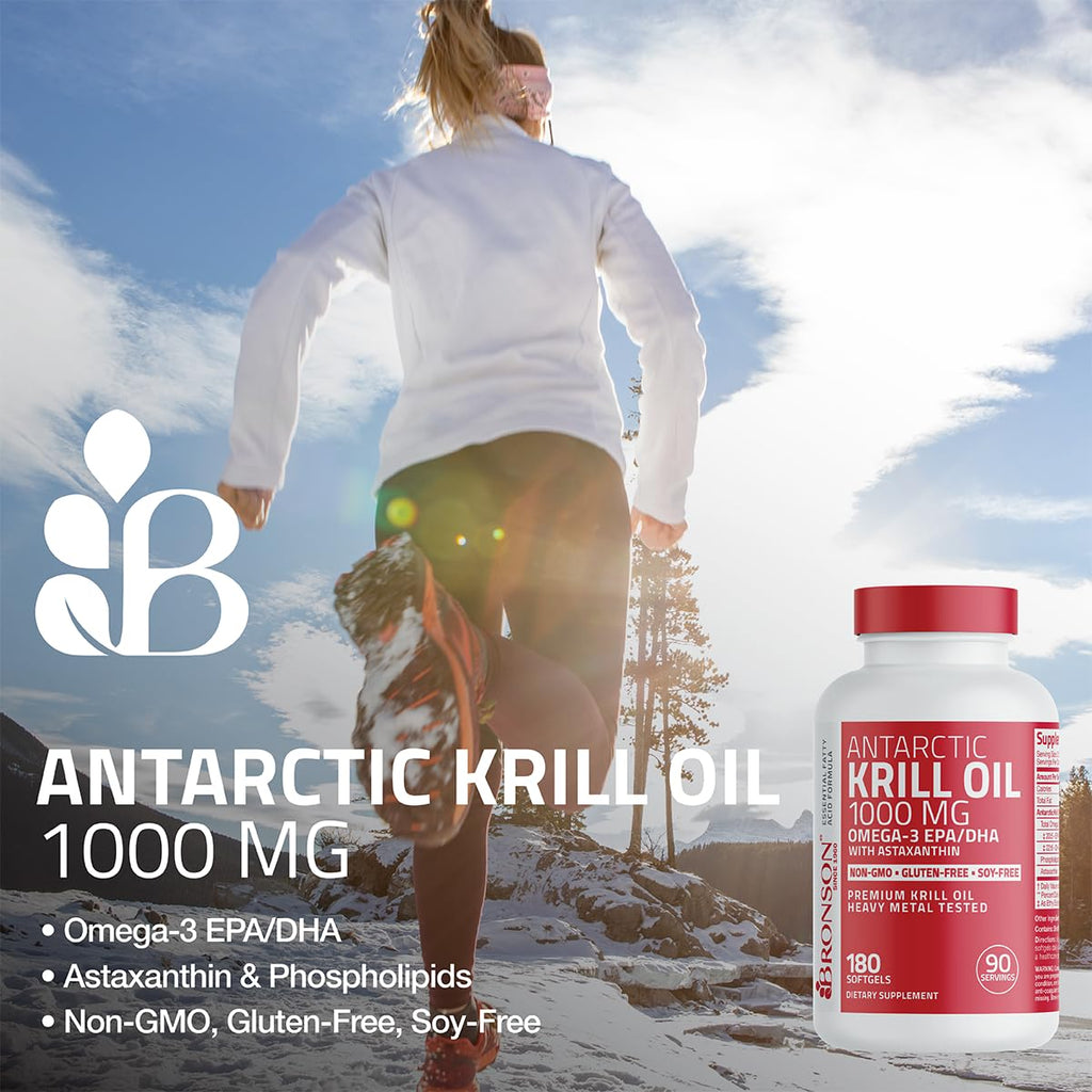 Bronson Antarctic Krill Oil 1000 mg with Omega-3s, 180 Softgels | Heavy Metal Tested, with EPA, DHA, Astaxanthin and Phospholipids, Non-GMO, Gluten Free, Soy Free