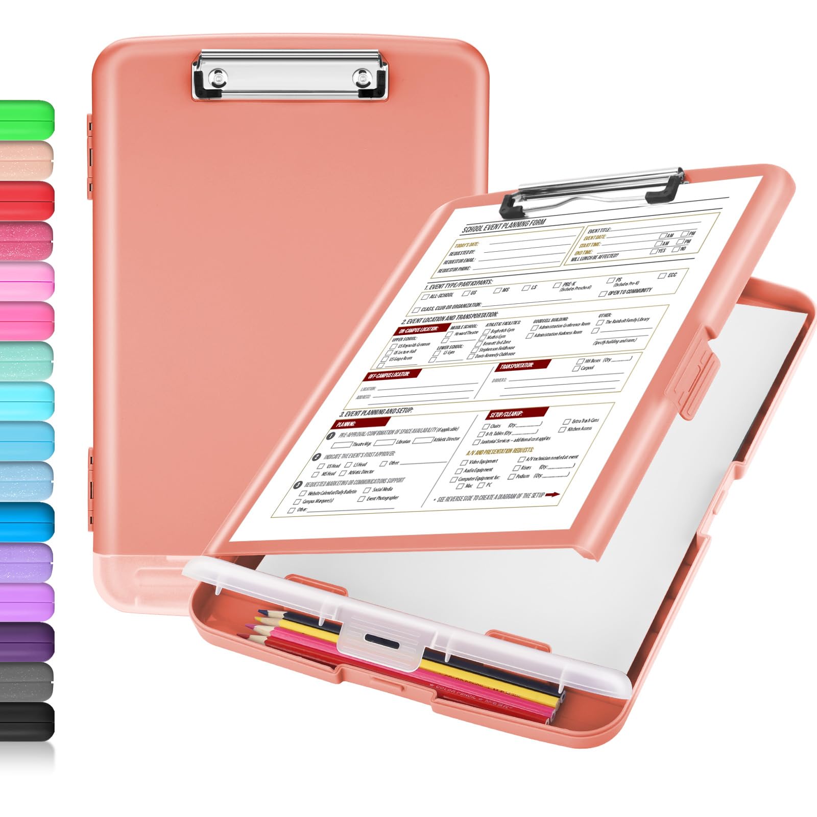 Buy now Sooez Clipboard with Storage, Clip Board 8.5 x 11 with Pen Holder, Plastic Organization Case Box for Letter Legal A4 Size Paper, Low Profile Clip, Nurses Teachers Must Haves, School & Office Supplies Peach Pink at indiglob india