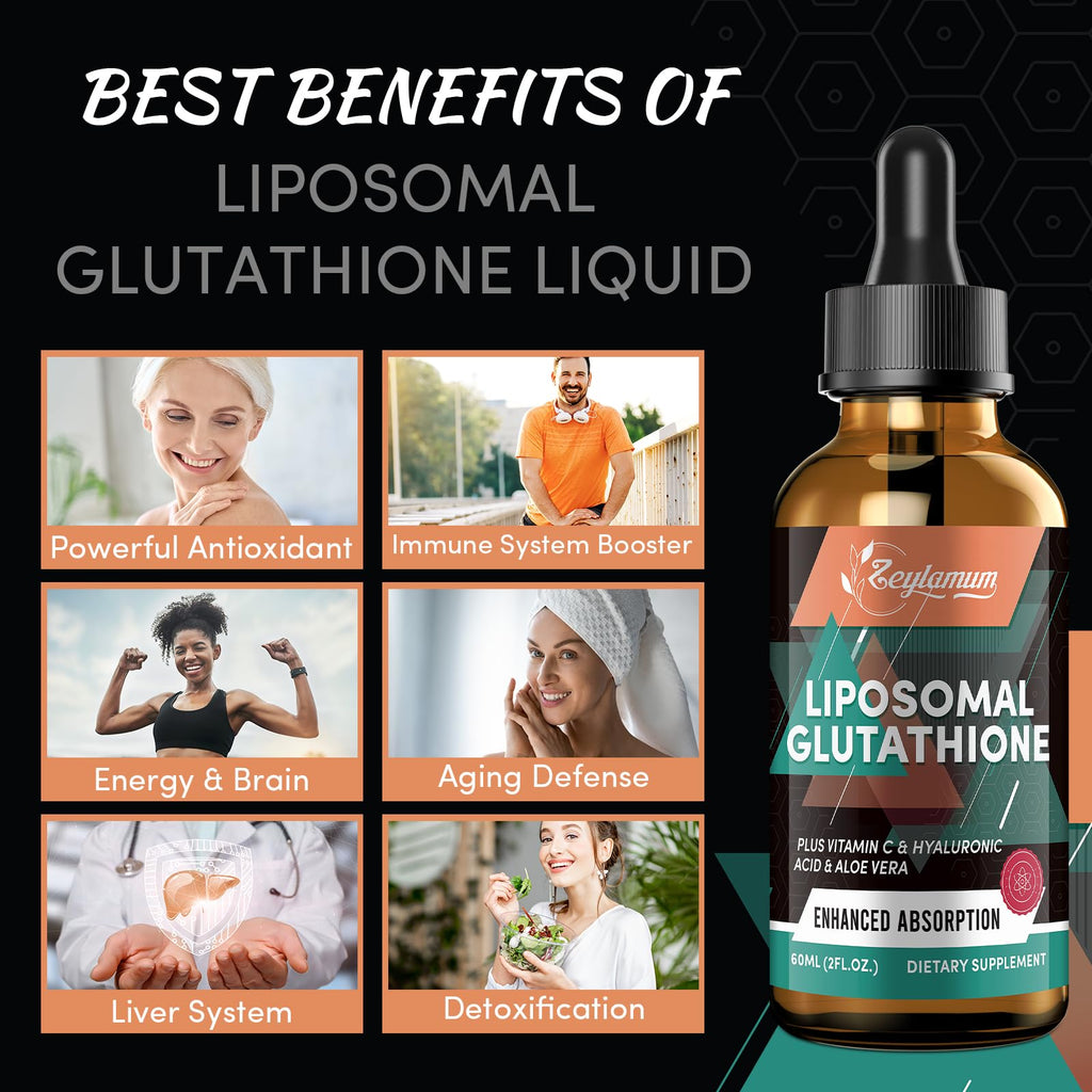 2000MG Liposomal Glutathione Liquid Drops, Ultra High Absorption, Natural Detoxification, Immune System & Skin Support*, L-Glutathione, Vitamin C & Hyaluronic Acid, Capsules Alternative, 2.02 OZ
