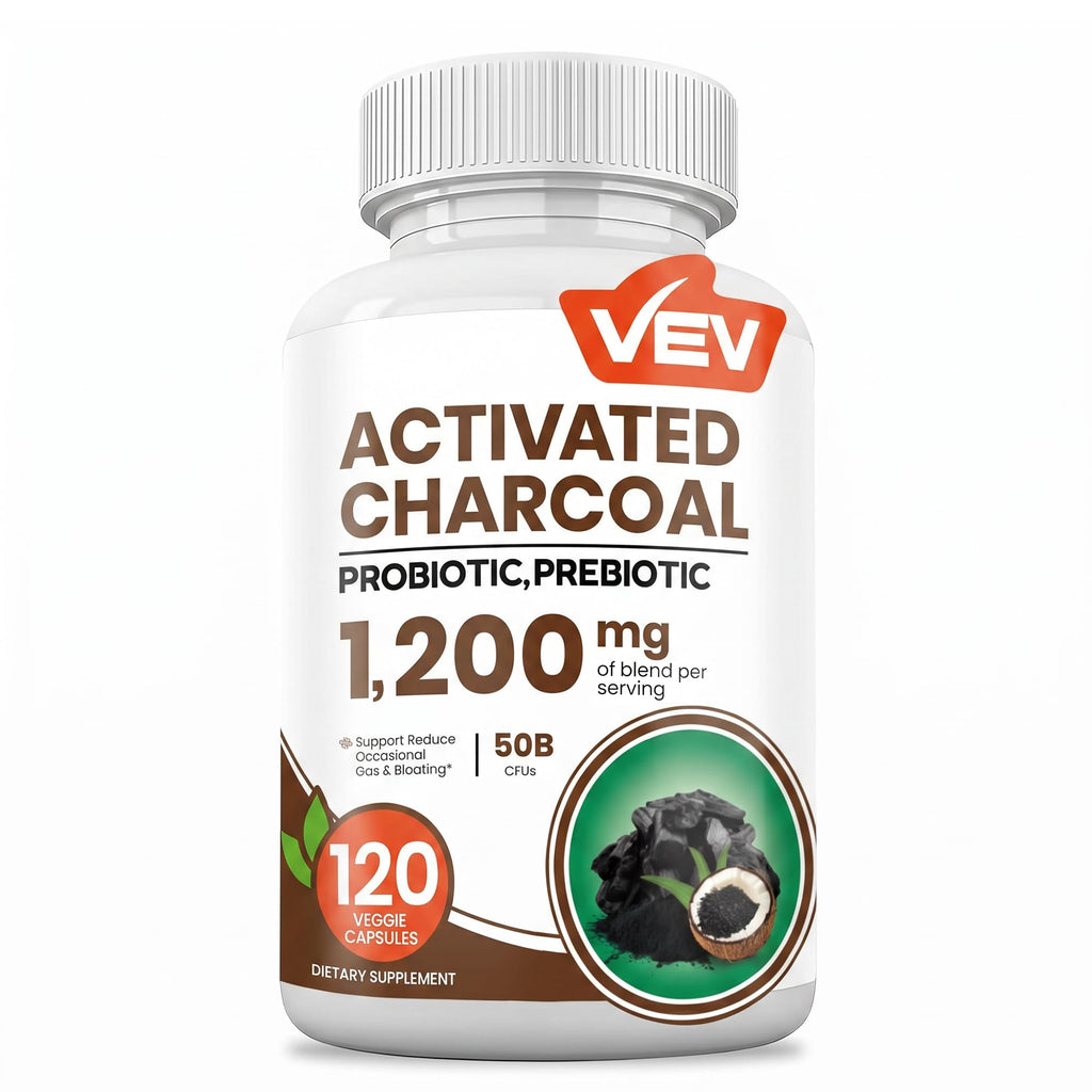 VEV Activated Charcoal with Organic Coconut Shell Charcoal & 50 Billion Probiotics – 120 Vegan Capsules for Digestive Wellness & Dietary Support