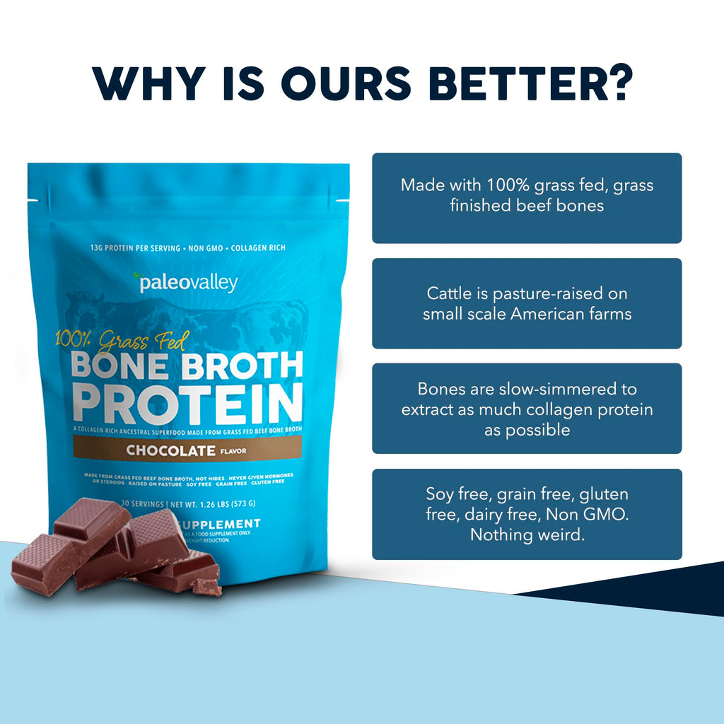 Paleovalley 100% Grass Fed Bone Broth Protein Powder, Chocolate | Collagen Rich, Digestive and Gut Health Support, Joint Support Hair, Skin and Nail Support, 13g Protein