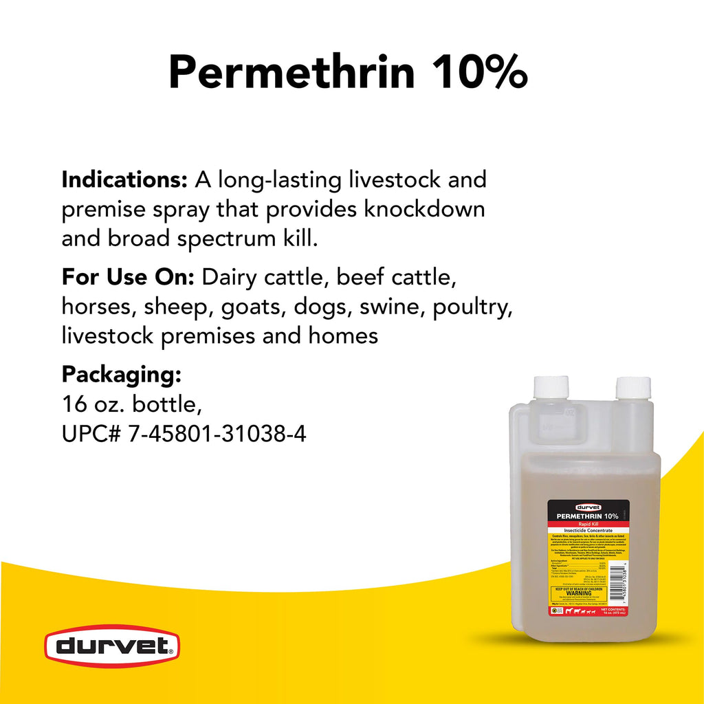 Durvet Permethrin Concentrate 10% - Control Insecticide Flea, Tick, Fly, Lice & Mite, 16 oz.
