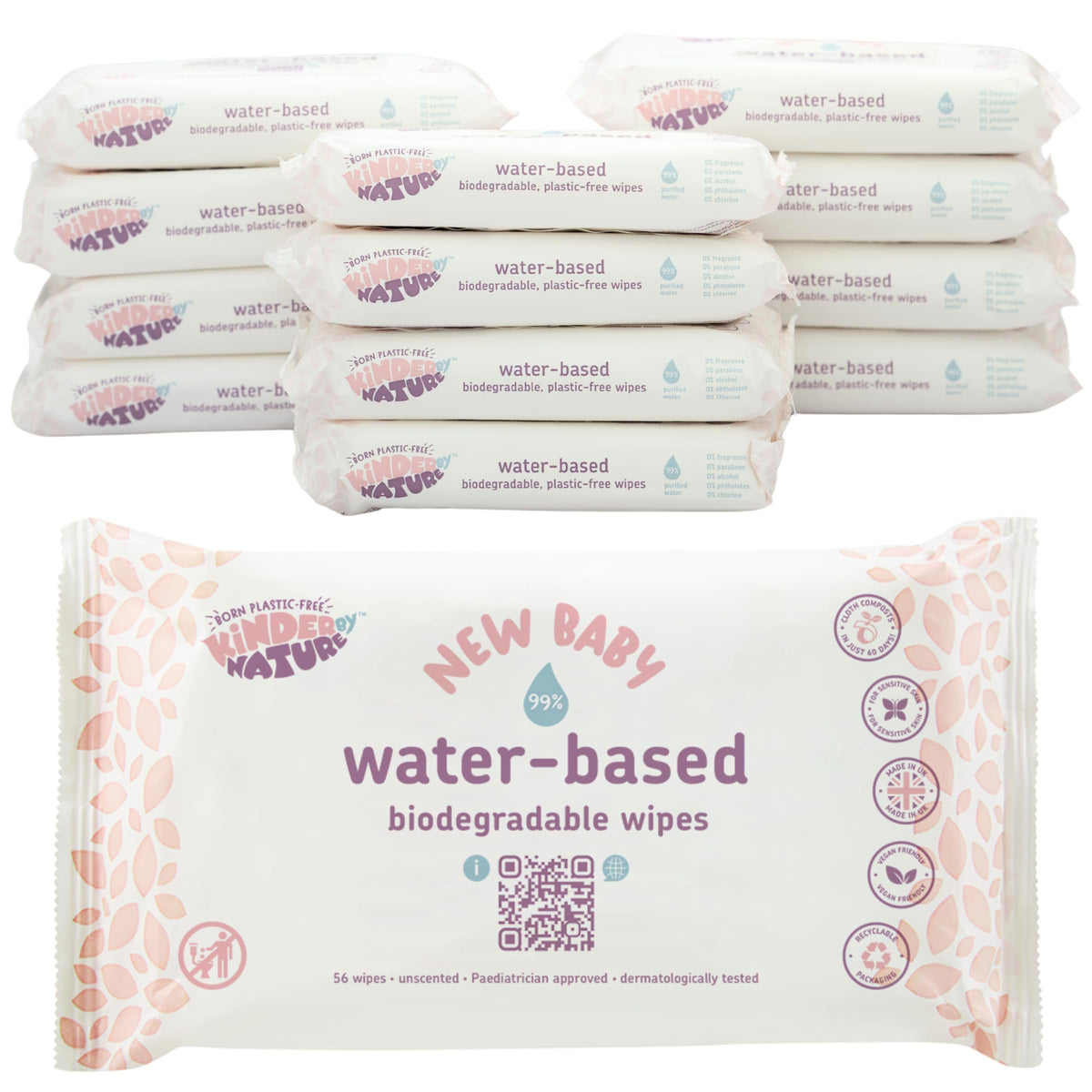 Kinder by Nature Water-Based Baby Wipes - 672 Count (12 packs of 56) -Unscented and Hypoallergenic - 99% water - 100% biodegradable - Plastic-Free Baby Wipes