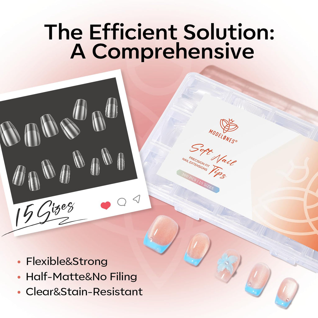 Modelones Short Almond Nail Tips offer 360 pieces in 15 sizes, featuring a flexible and stain-resistant design.