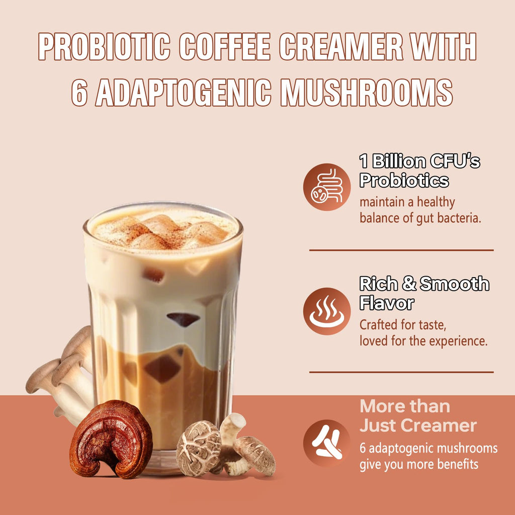 Mushroom Coffee Creamer,Superfood Creamer Powder with 6 Adaptogenic Mushrooms & Probiotics for Energy, Focus, Digestion - 30 Servings