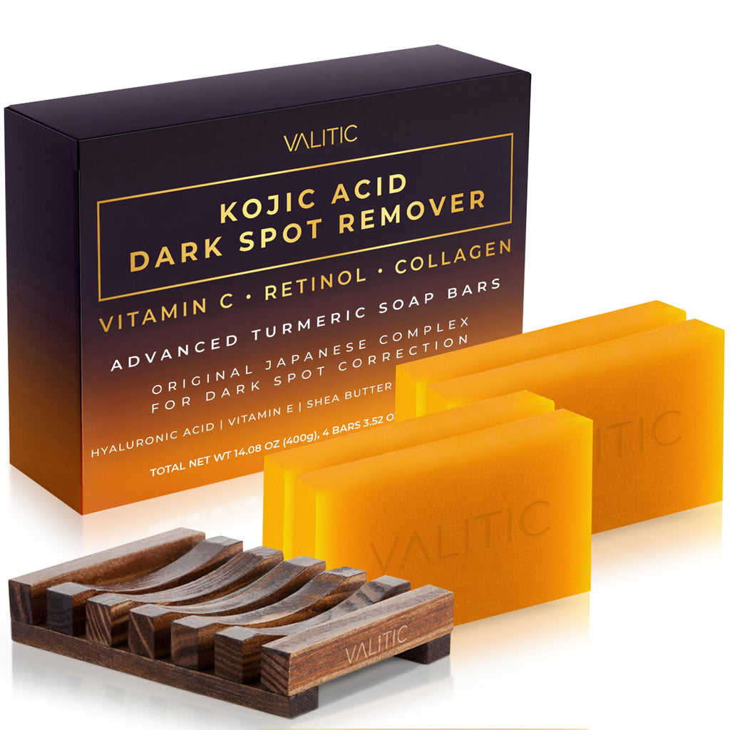 Buy now VALITIC Kojic Acid Dark Spot Remover Soap Bars with Vitamin C, Retinol, Collagen, Turmeric - Original Japanese Complex Infused Hyaluronic Acid, E, Shea Butter, Castile Olive Oil (4 Pack) at indiglob india