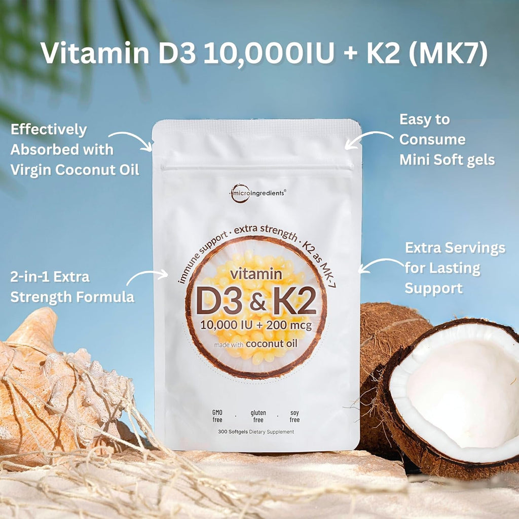 Micro Ingredients Vitamin D3 K2 MK-7 10,000 IU Per Serving, 300 Softgels | Made with Virgin Coconut Oil, K2 200 mcg Per Serving. D3 & K2 Vitamin Supplement. Easy-to-Swallow. Non-GMO, Gluten Free.