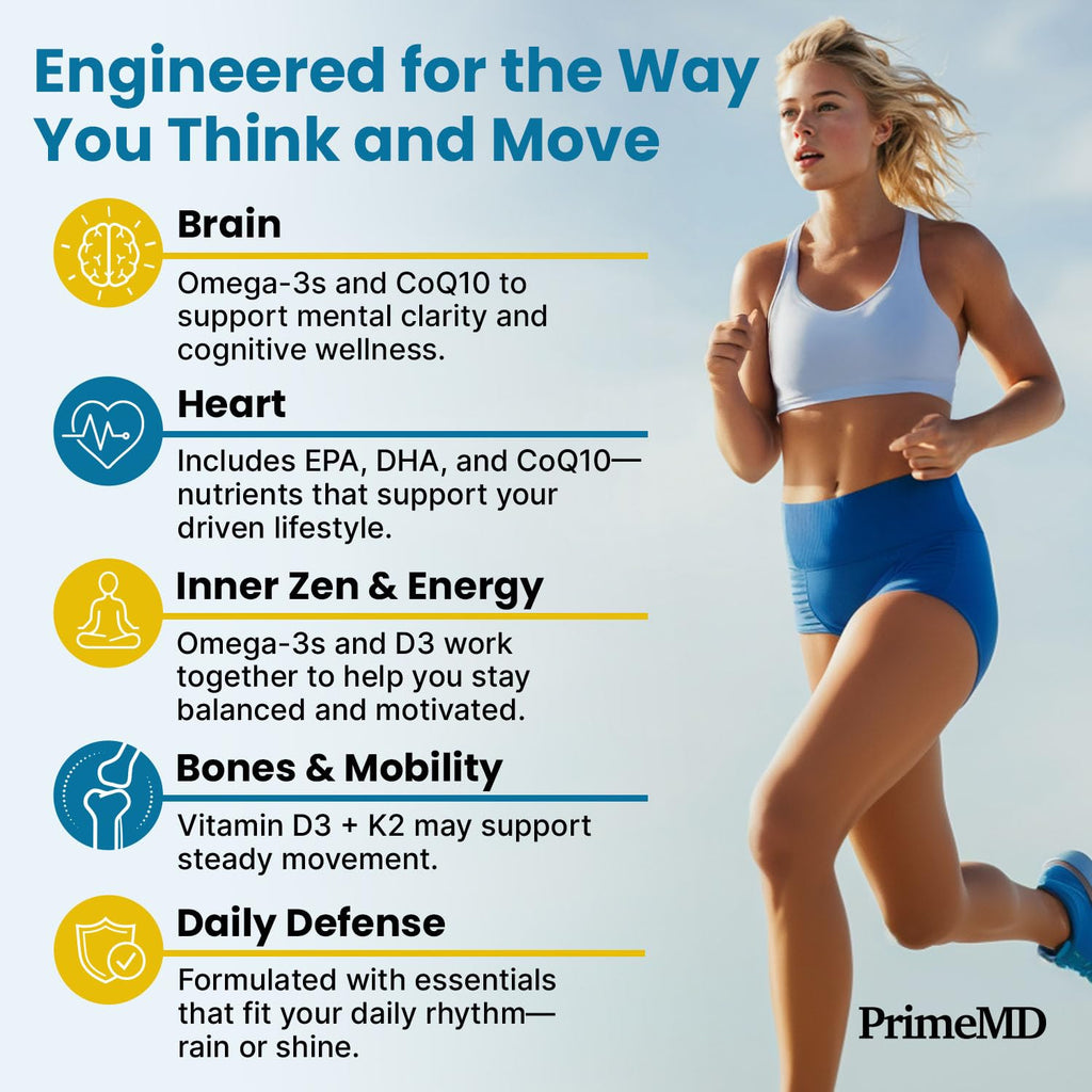 PrimeMD 4-in-1 Fish Oil Omega-3 with D3 K2 CoQ10, Lemon, 120 Softgels | Heart, Brain and Joint Support, Omega 3 with Vitamin D3, K2 and CoQ10, Lemon Flavored Softgels, Fish Oil Supplement