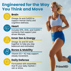 PrimeMD 4-in-1 Fish Oil Omega-3 with D3 K2 CoQ10, Lemon, 120 Softgels | Heart, Brain and Joint Support, Omega 3 with Vitamin D3, K2 and CoQ10, Lemon Flavored Softgels, Fish Oil Supplement