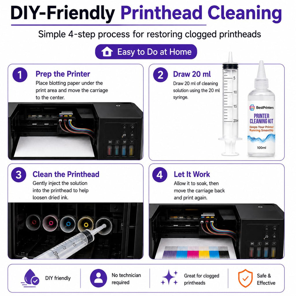 Best Printer Cleaning Kit for Epson, HP | Brother Inkjet Printhead Cleaning Kit | Inkjet Printer Head Cleaner | Printer Head Cleaning Kit with LARGE 20ml Syringe - 100ml Printer Cleaning Fluid