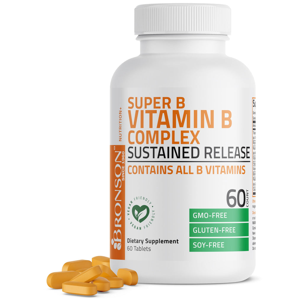 Bronson Super B Vitamin B Complex Sustained Release for Energy, 120 Tablets | B1, B2, B3, B6, Folic Acid, B12, Biotin & Pantothenic Acid, One-Tablet Formula, Non-GMO, Gluten-Free & Soy-Free