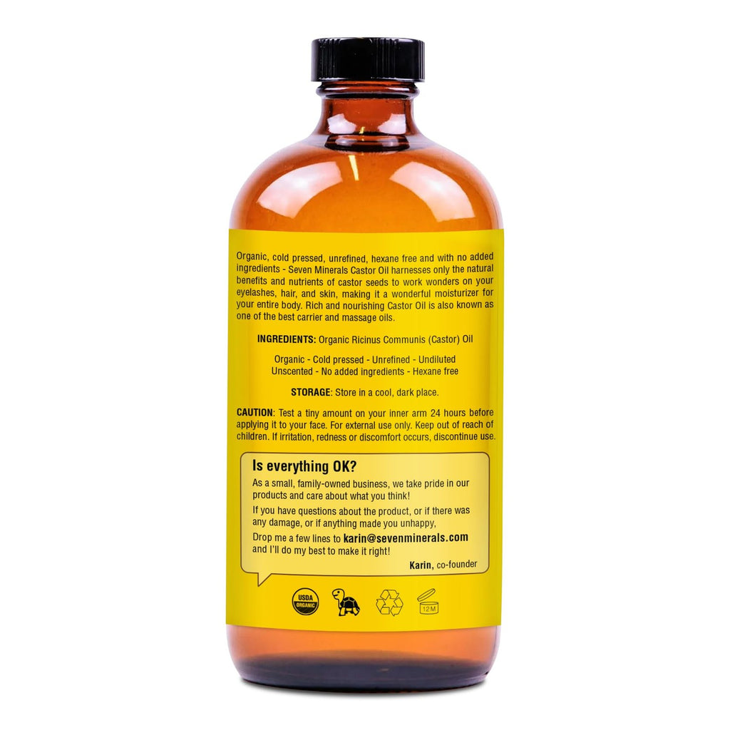 Seven Minerals USDA Organic Castor Oil - Big 16 oz Glass Bottle with Pump - 100% Pure Cold Pressed Unrefined Hexane Free - for Hair Growth, Eyelashes, Eyebrows, Skin, Cuticles & Caster Oil Packs