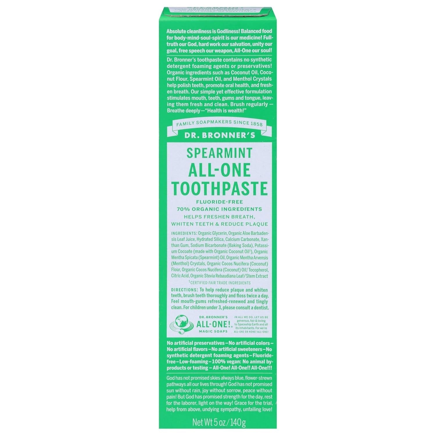 Buy now Dr. Bronnerâ€™s - All-One Toothpaste (Peppermint, 5 ounce) - 70% Organic Ingredients, Natural and Effective, Fluoride-Free, SLS-Free, Helps Freshen Breath, Reduce Plaque, Whiten Teeth, Vegan 5.07 Fl Oz (Pack of 1) Spearmint at indiglob india