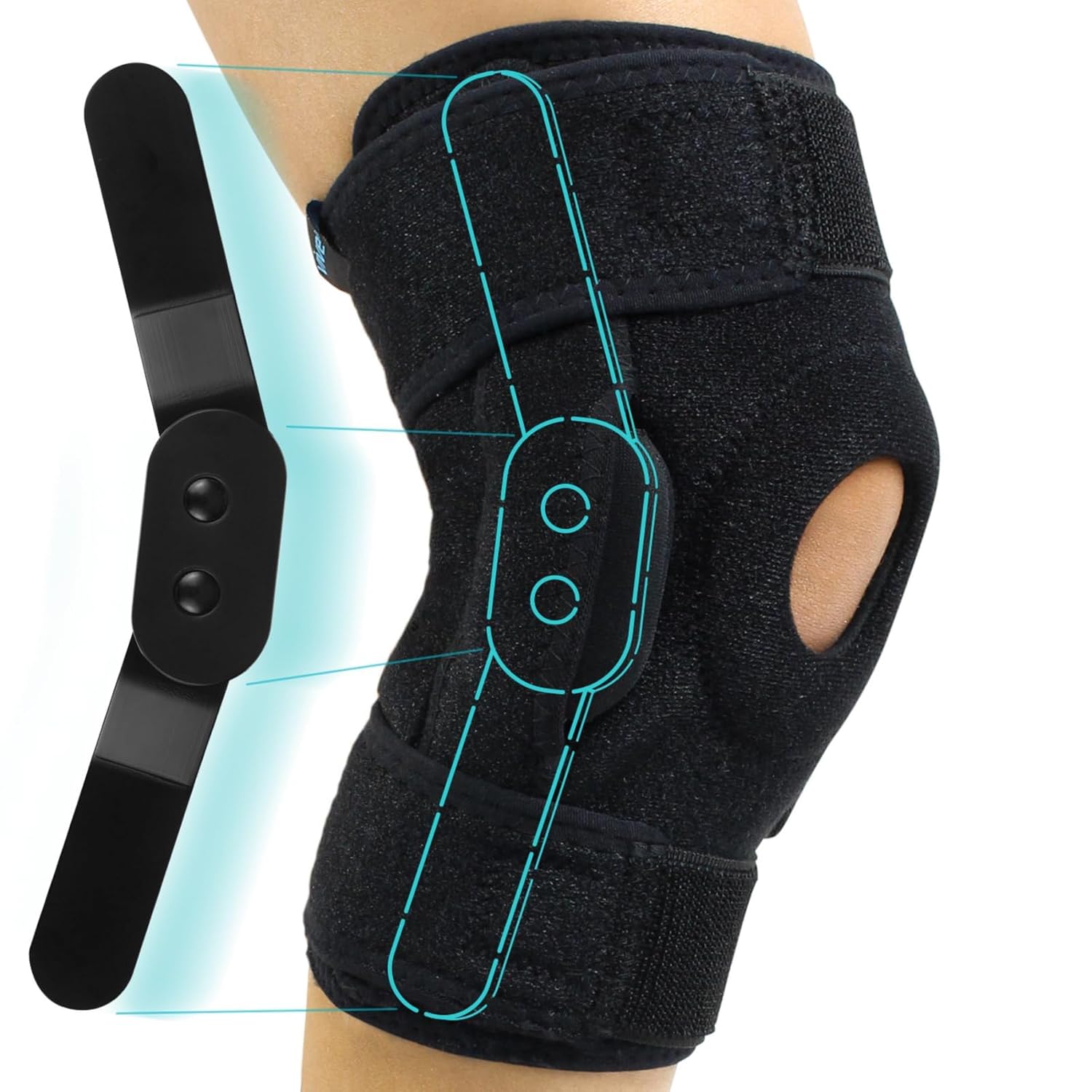 Buy now Vive Hinged Knee Brace - Relieves ACL, MCL, Meniscus Tear - Lightweight, Comfortable, Breathable Open Patella Wrap with Side Stabilizers - for Women & Men - Adjustable Strap for Tendonitis Medium Black at indiglob india