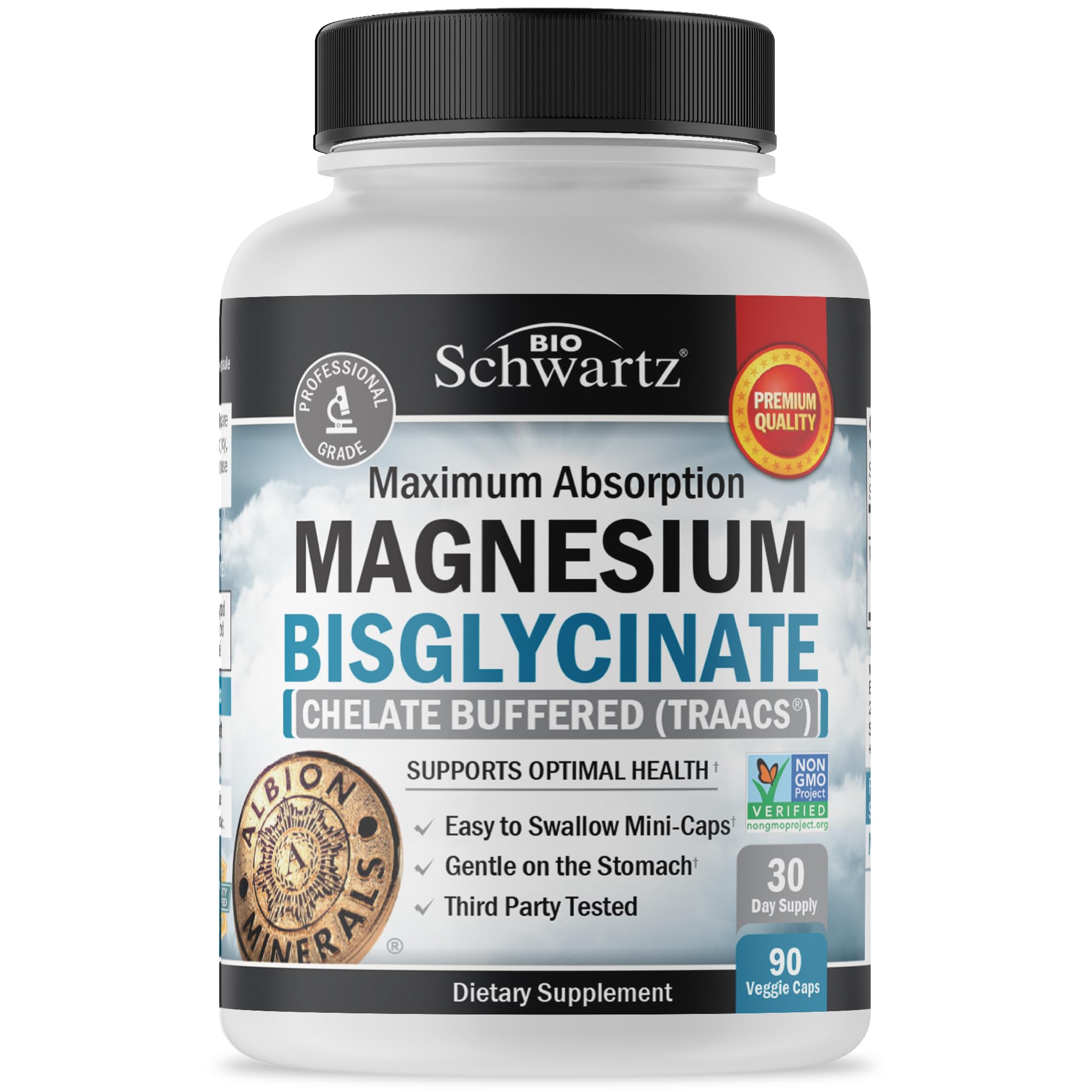 Magnesium Bisglycinate 100% Chelate No-Laxative Effect - 90ct | Max Absorption Magnesium Glycinate Capsules, Healthy Energy Muscle Bone & Joint Support - Non-GMO Project Verified