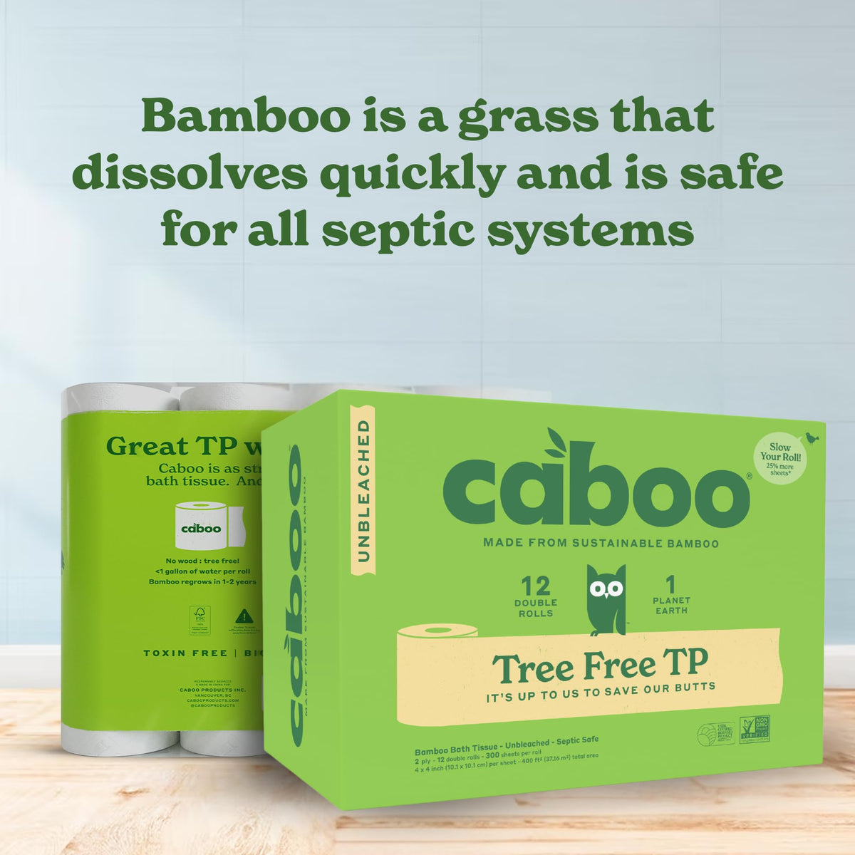 Caboo Tree Free Toilet Paper, Unbleached, Plastic Free, 12 Rolls