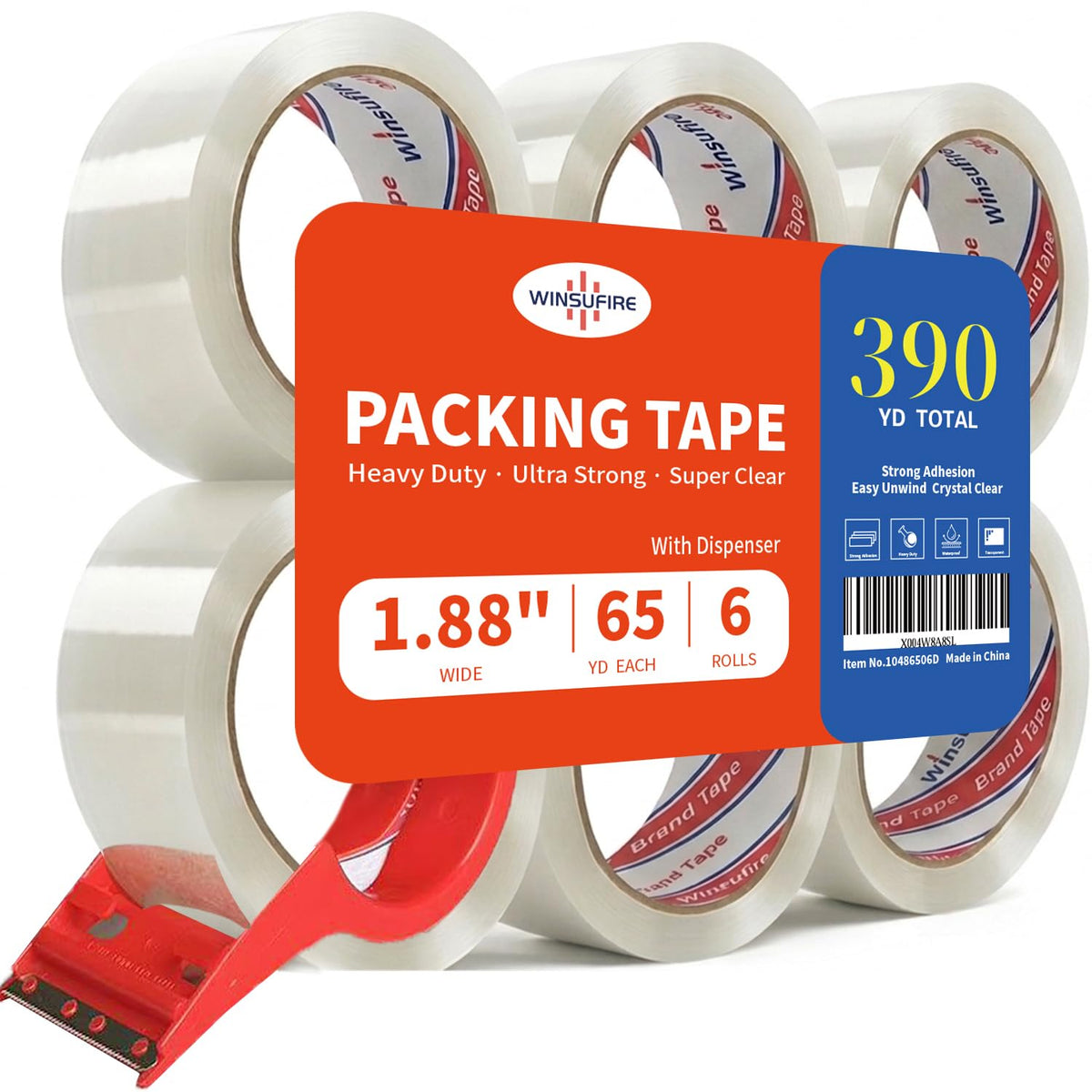 Heavy Duty Clear Packing Tape With Dispenser 1.88 inch 65 Yards 6 Pack