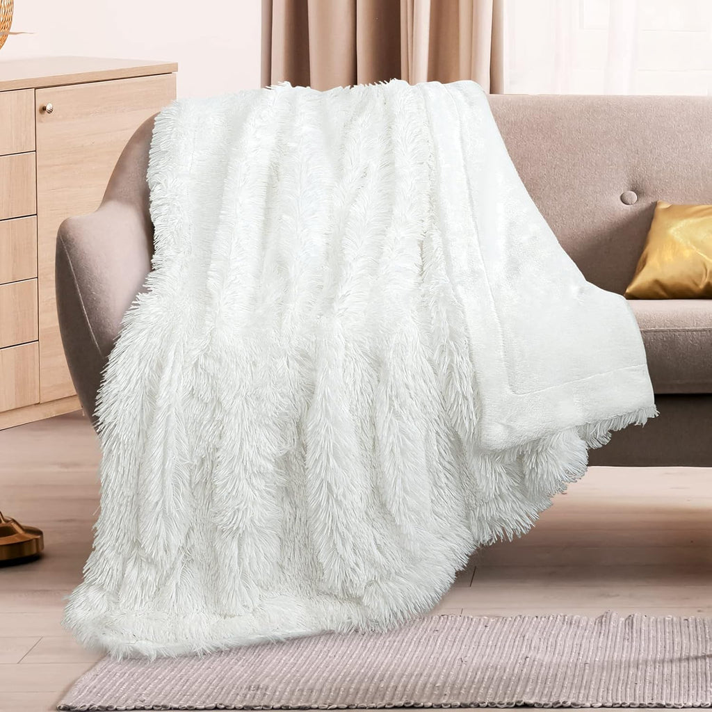 Buy now TOONOW Extra Soft Fuzzy Faux Fur Throw Blanket 50"x60", Reversible Lightweight Fluffy Cozy Plush Comfy Microfiber Fleece Decorative Shaggy Blanket for Couch Sofa Bed, Pure White at indiglob india