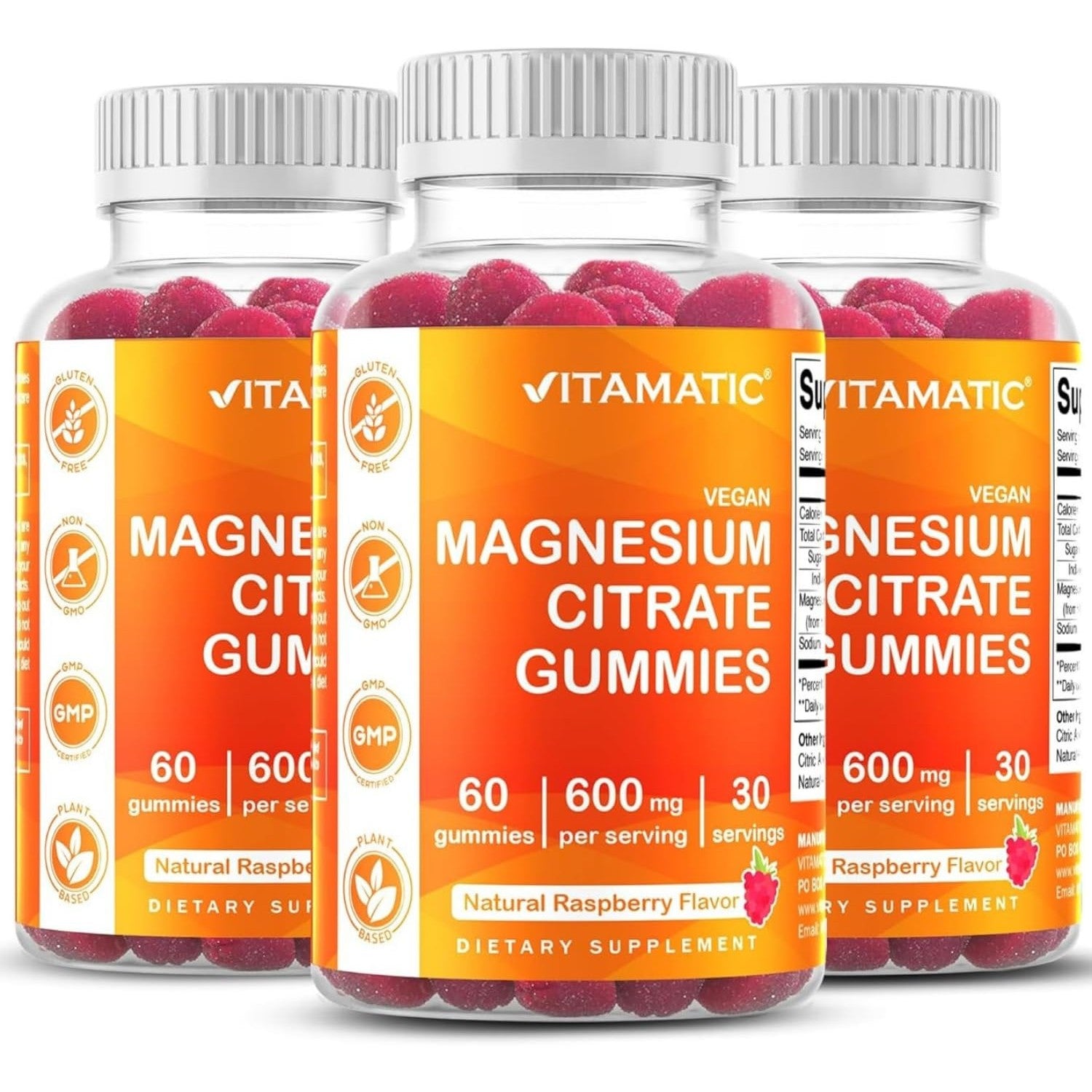 Vitamatic Magnesium Citrate Gummies, 600 mg, 60 Vegan Gummies | 600 mg Magneisum Citrate Per Serving with 70 mg of Elemental Mg, Natural Raspberry Flavor, Non-GMO, Gluten Free, Pectin Based