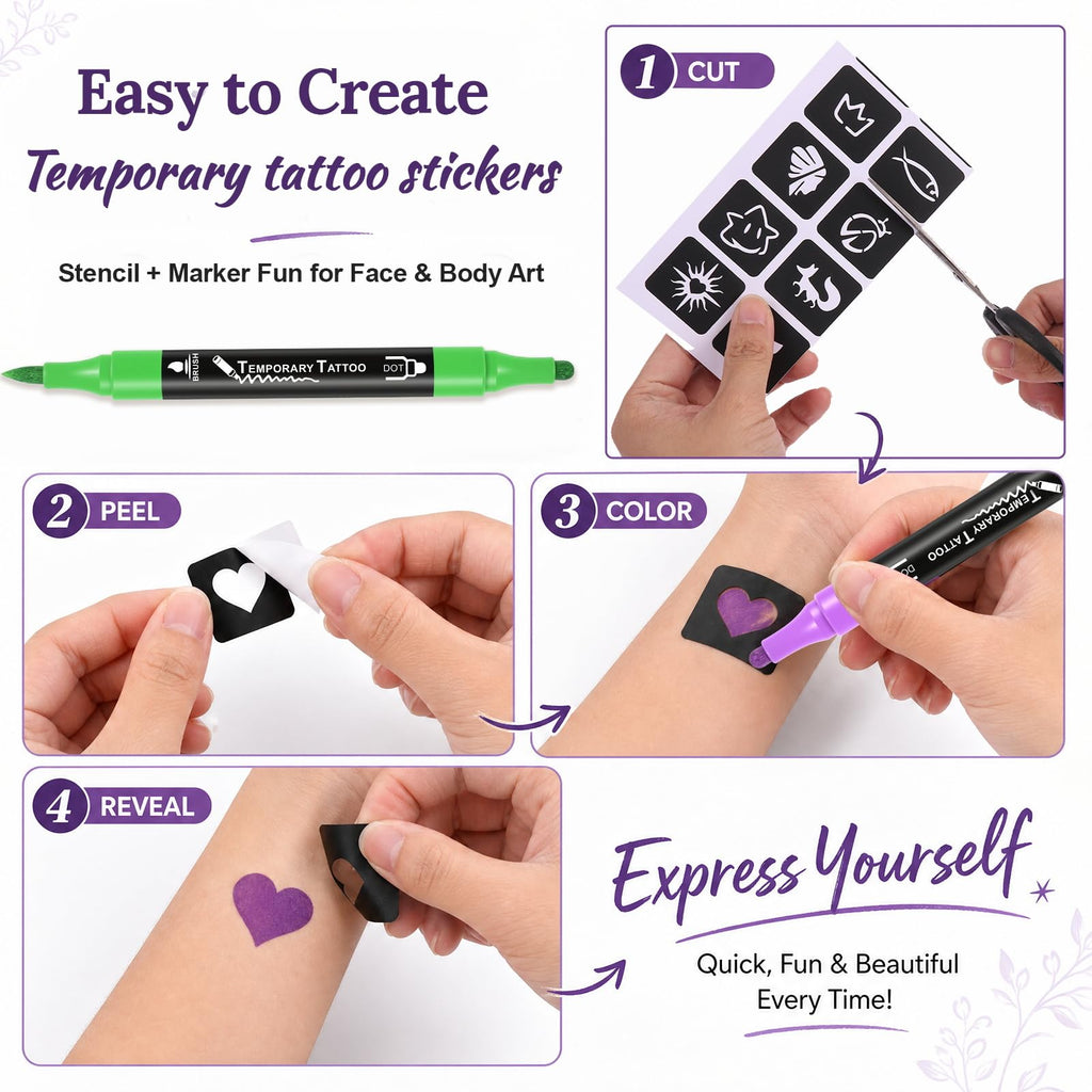 Temporary Tattoos Body Markers 24 Count 50 Temporary Tattoo Stickers 82 Stencils Skin Pens for Teen Girl Gifts Trendy Stuff Cool Birthday Gift Ideas Teens 12 13 14 15 16 17 18 Girls & Adults