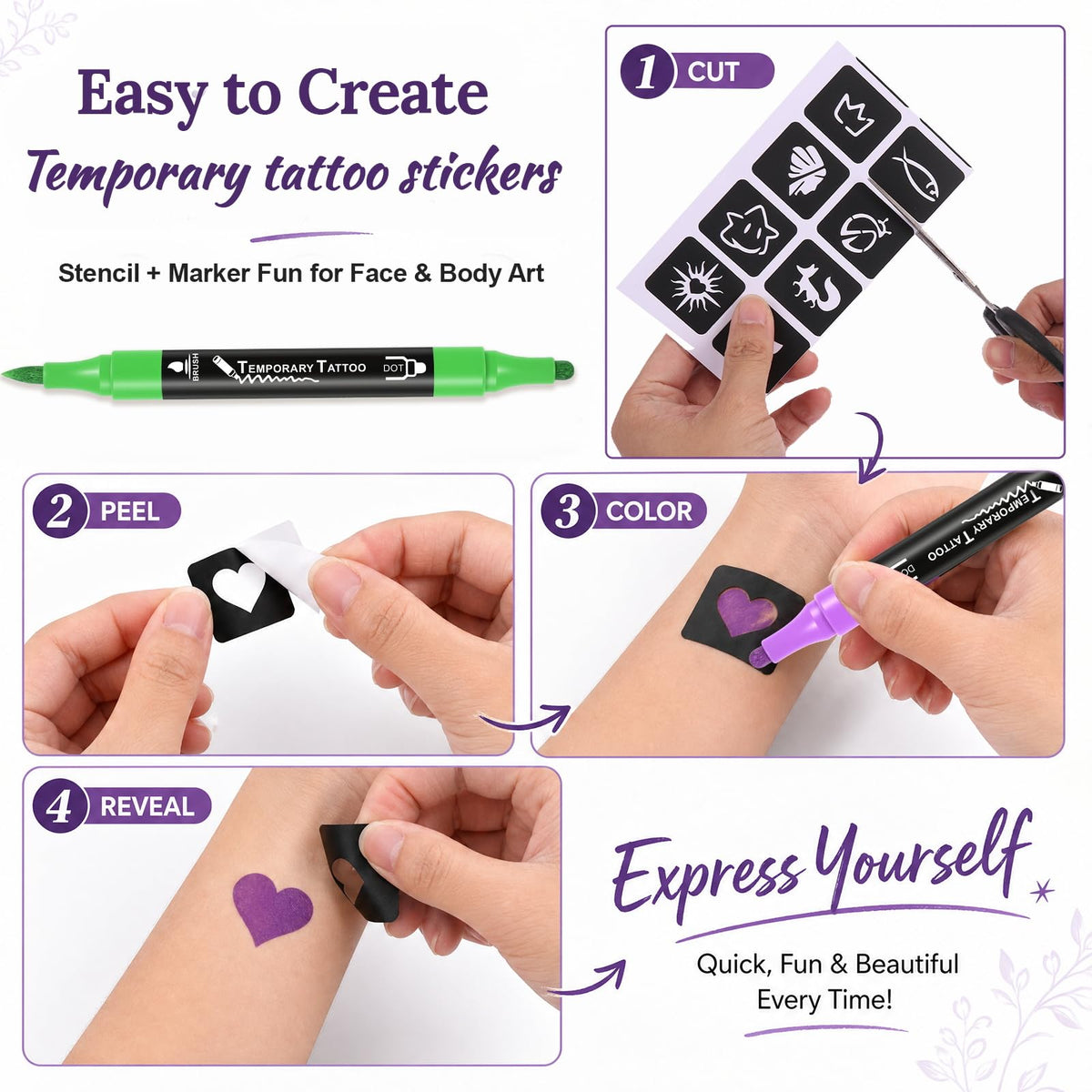 Temporary Tattoos Body Markers 24 Count 50 Temporary Tattoo Stickers 82 Stencils Skin Pens for Teen Girl Gifts Trendy Stuff Cool Birthday Gift Ideas Teens 12 13 14 15 16 17 18 Girls & Adults